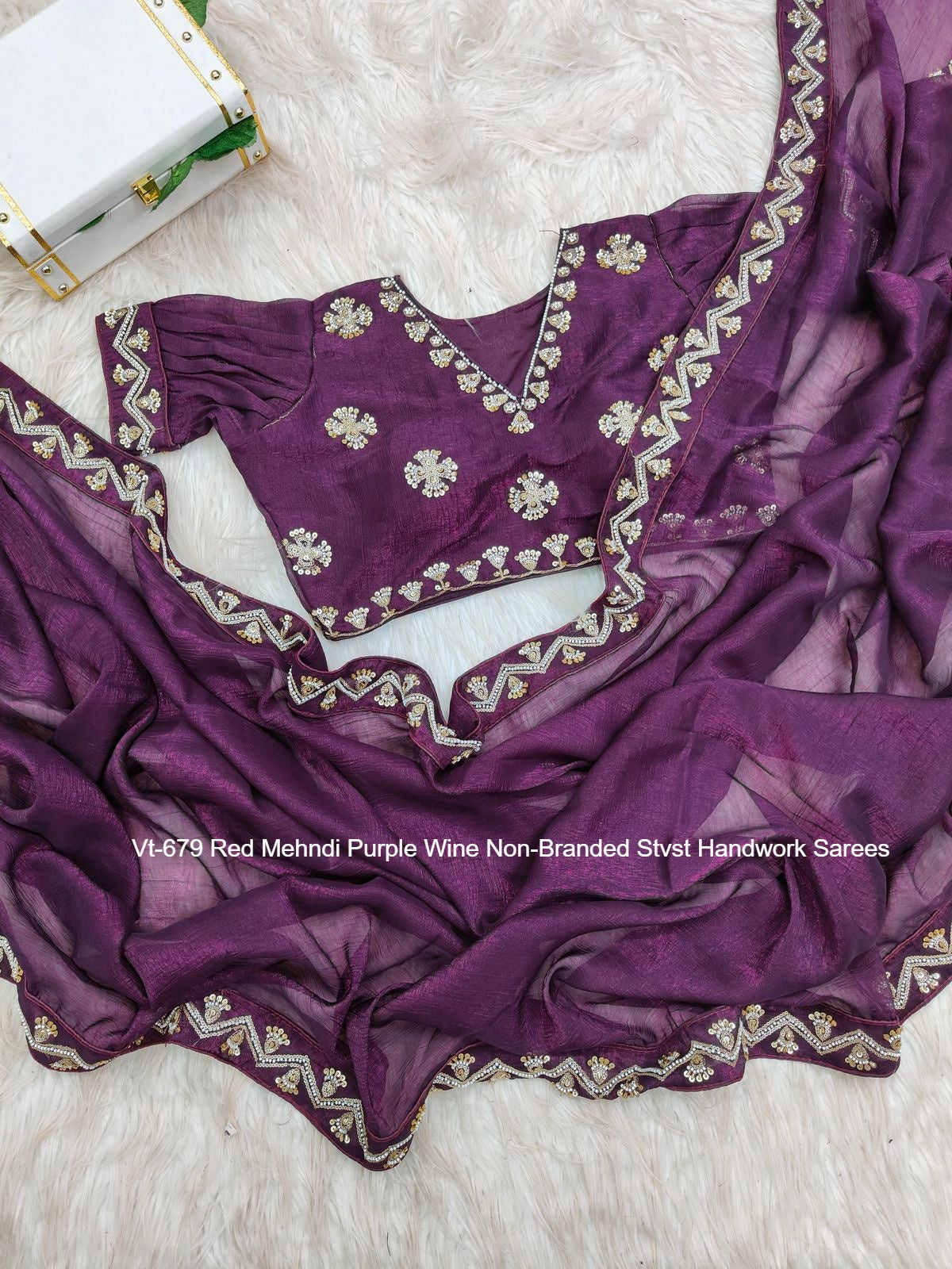 Vt-679 Red Mehndi Purple Wine Non-Branded Stvst Handwork Sarees