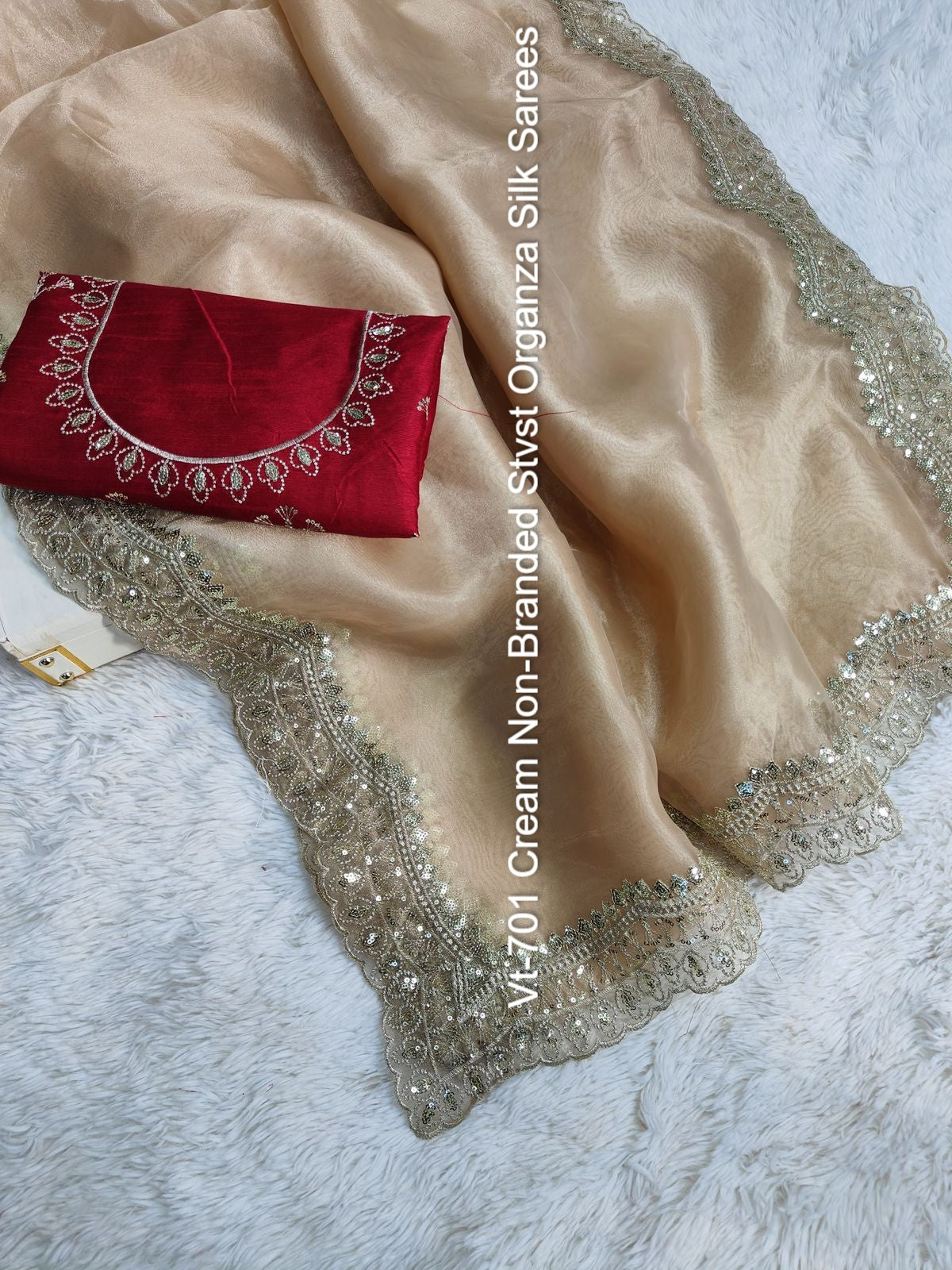 Vt-701 Cream Non-Branded Stvst Organza Silk Sarees