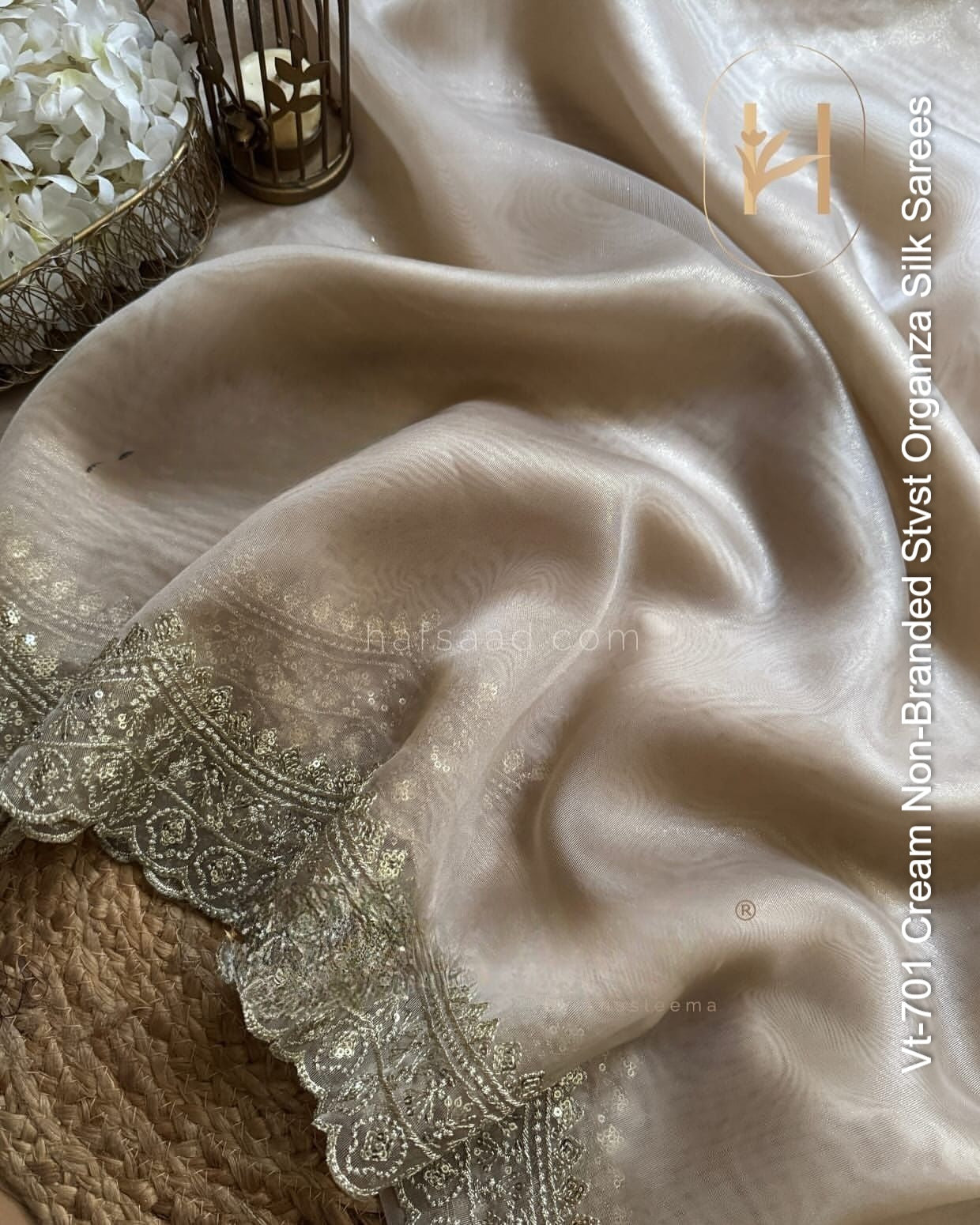 Vt-701 Cream Non-Branded Stvst Organza Silk Sarees