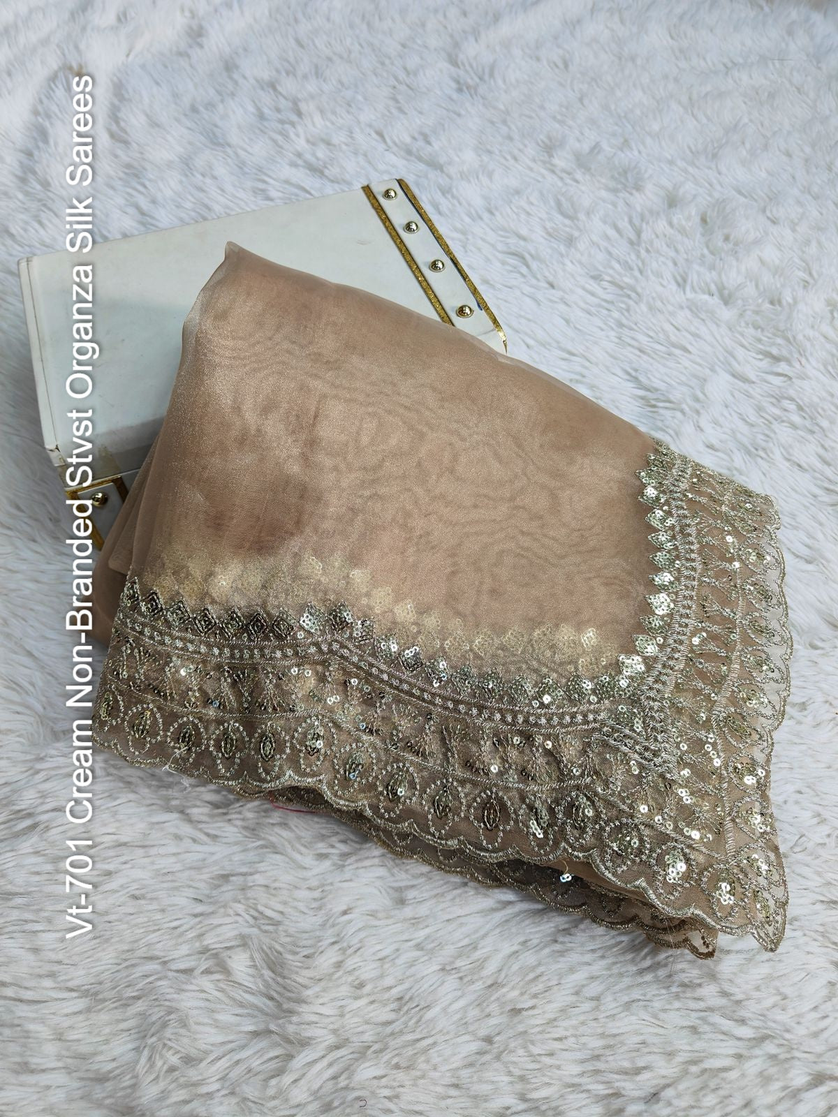 Vt-701 Cream Non-Branded Stvst Organza Silk Sarees