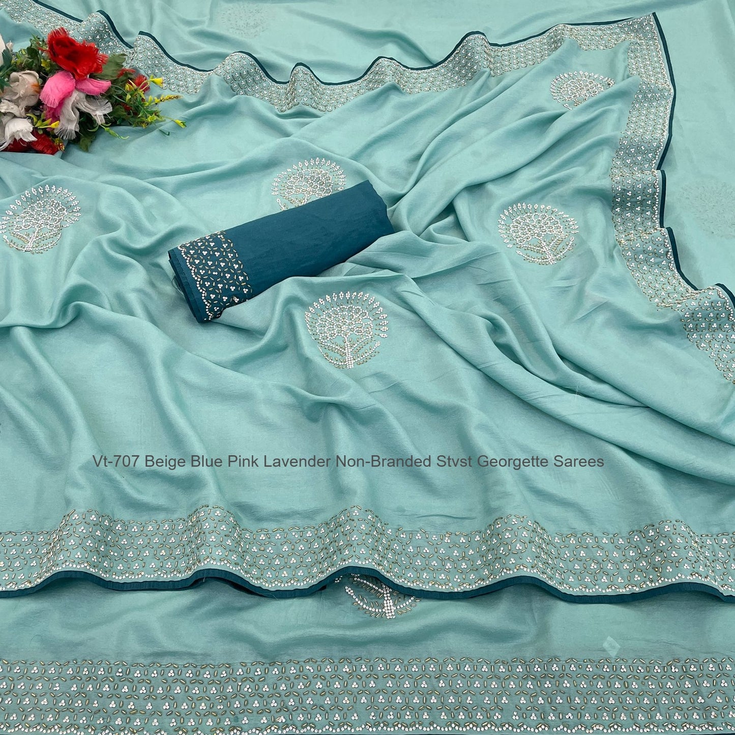 Vt-707 Beige Blue Pink Lavender Non-Branded Stvst Georgette Sarees