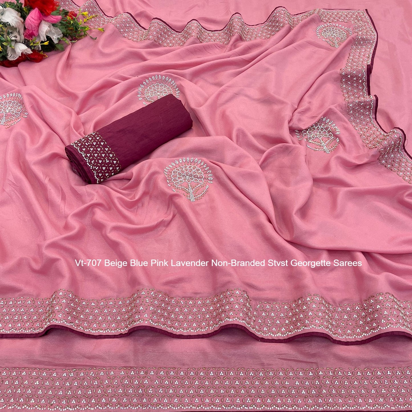 Vt-707 Beige Blue Pink Lavender Non-Branded Stvst Georgette Sarees
