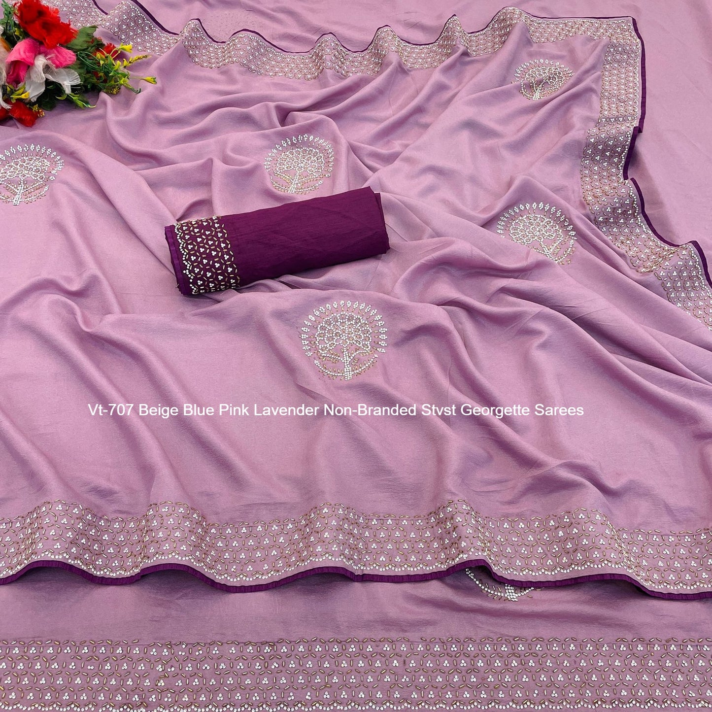 Vt-707 Beige Blue Pink Lavender Non-Branded Stvst Georgette Sarees
