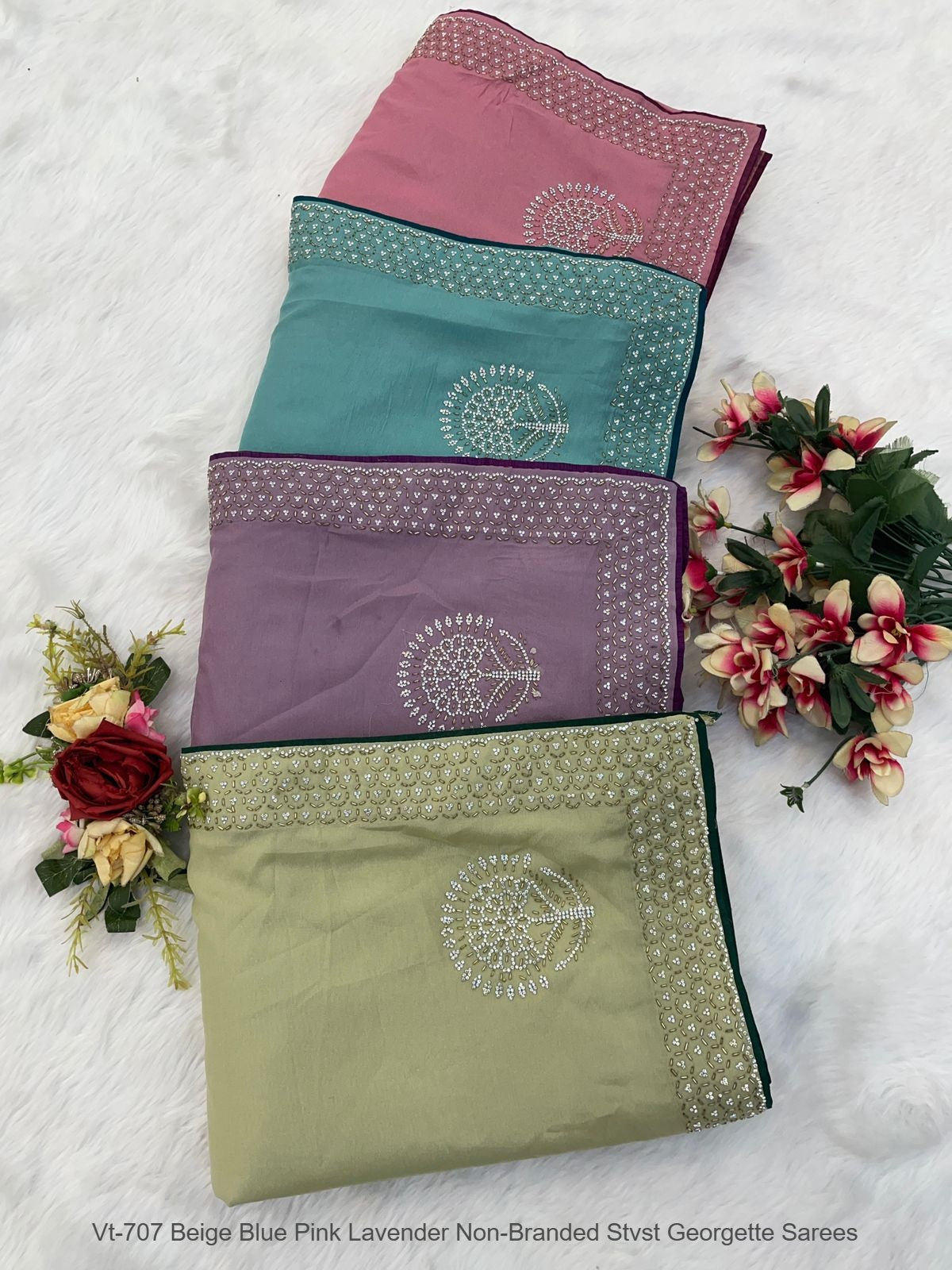 Vt-707 Beige Blue Pink Lavender Non-Branded Stvst Georgette Sarees