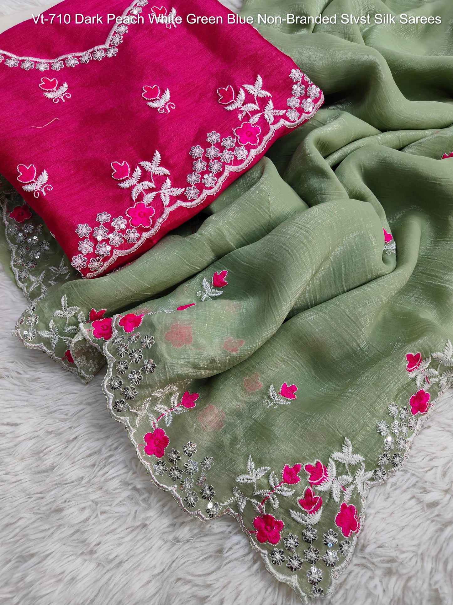 Vt-710 Dark Peach White Green Blue Non-Branded Stvst Silk Sarees