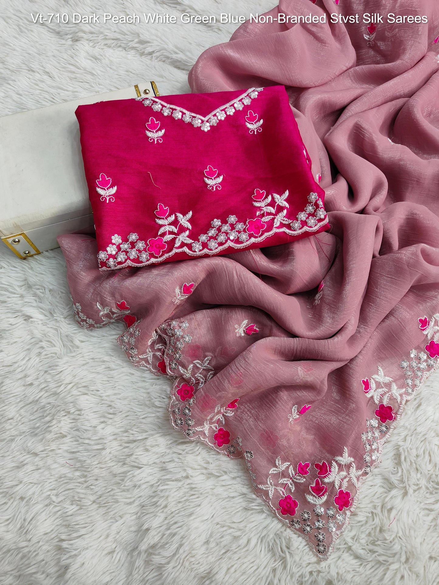 Vt-710 Dark Peach White Green Blue Non-Branded Stvst Silk Sarees