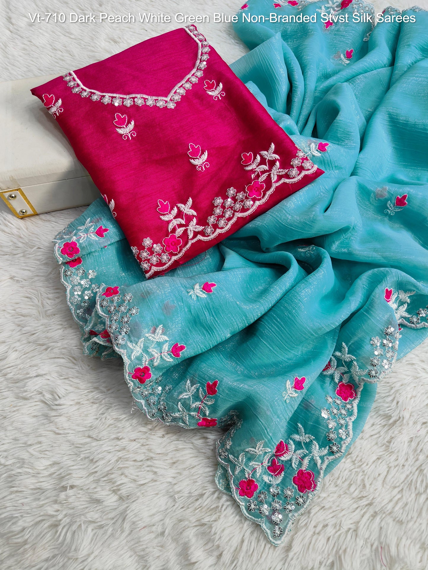 Vt-710 Dark Peach White Green Blue Non-Branded Stvst Silk Sarees