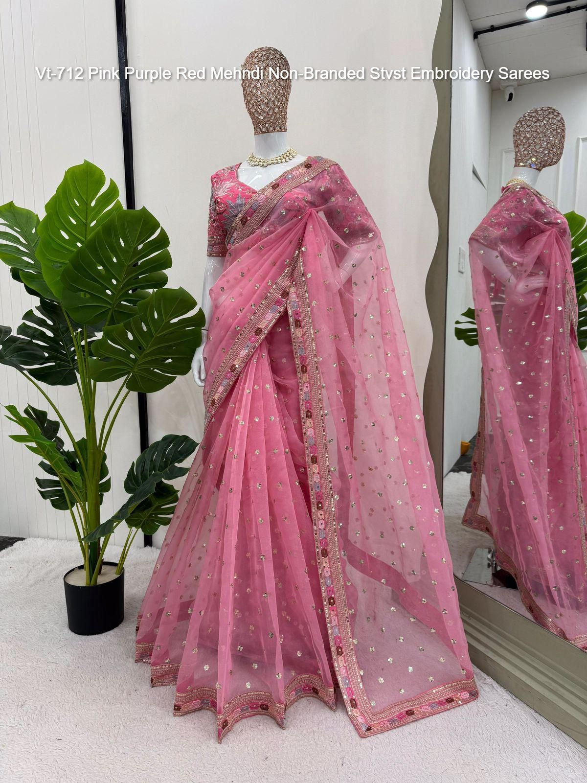 Vt-712 Pink Purple Red Mehndi Non-Branded Stvst Embroidery Sarees