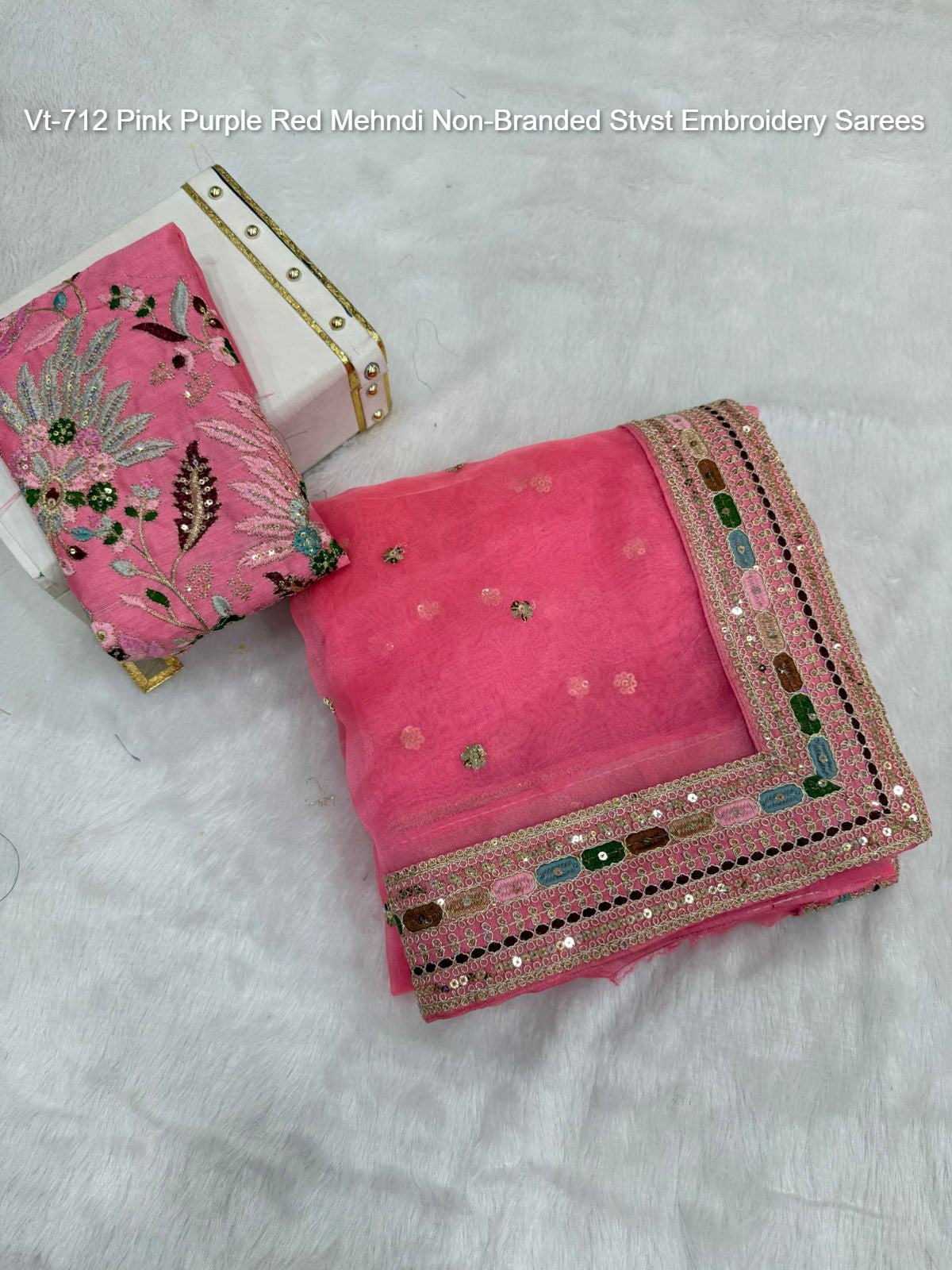 Vt-712 Pink Purple Red Mehndi Non-Branded Stvst Embroidery Sarees