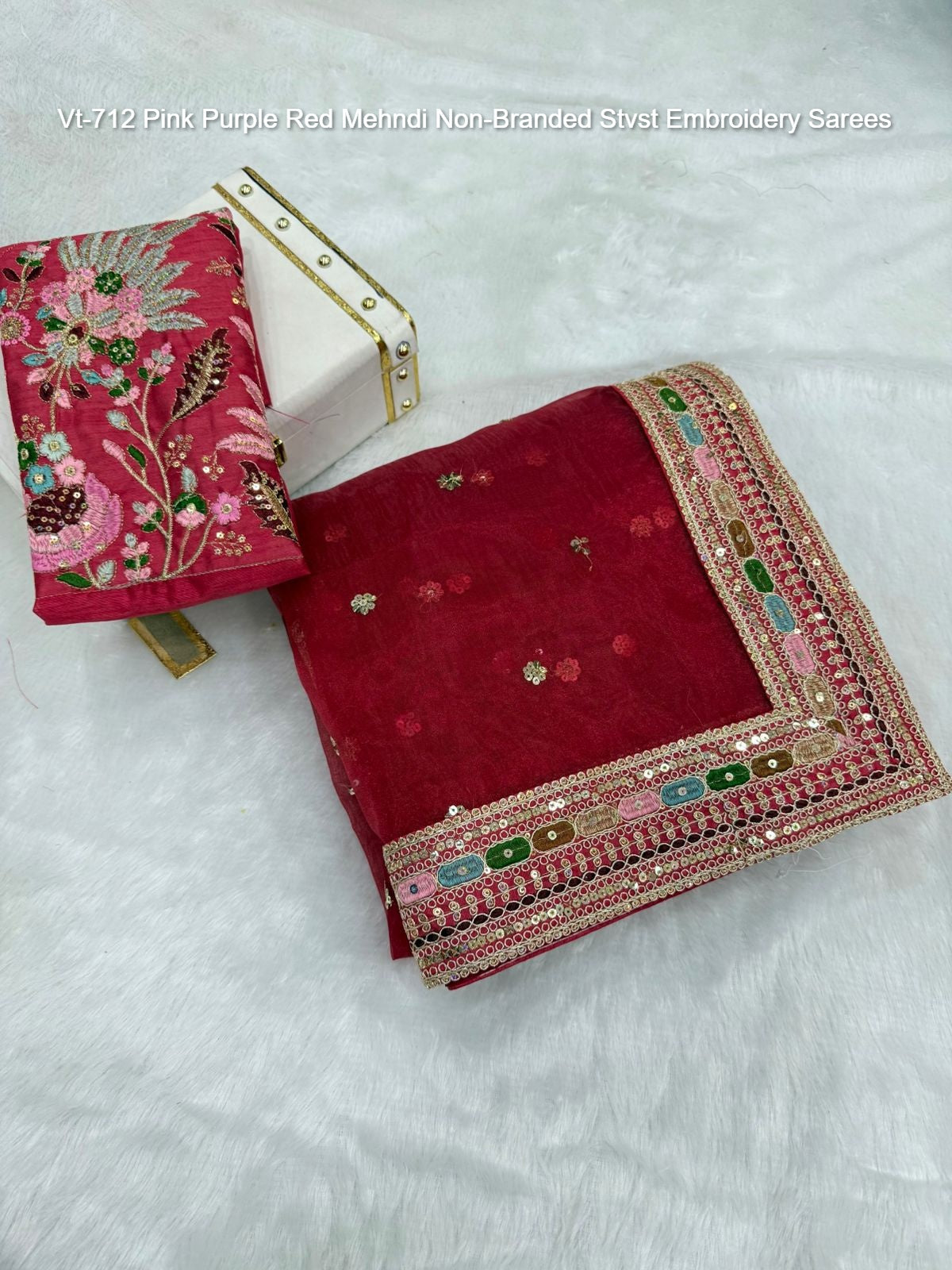 Vt-712 Pink Purple Red Mehndi Non-Branded Stvst Embroidery Sarees