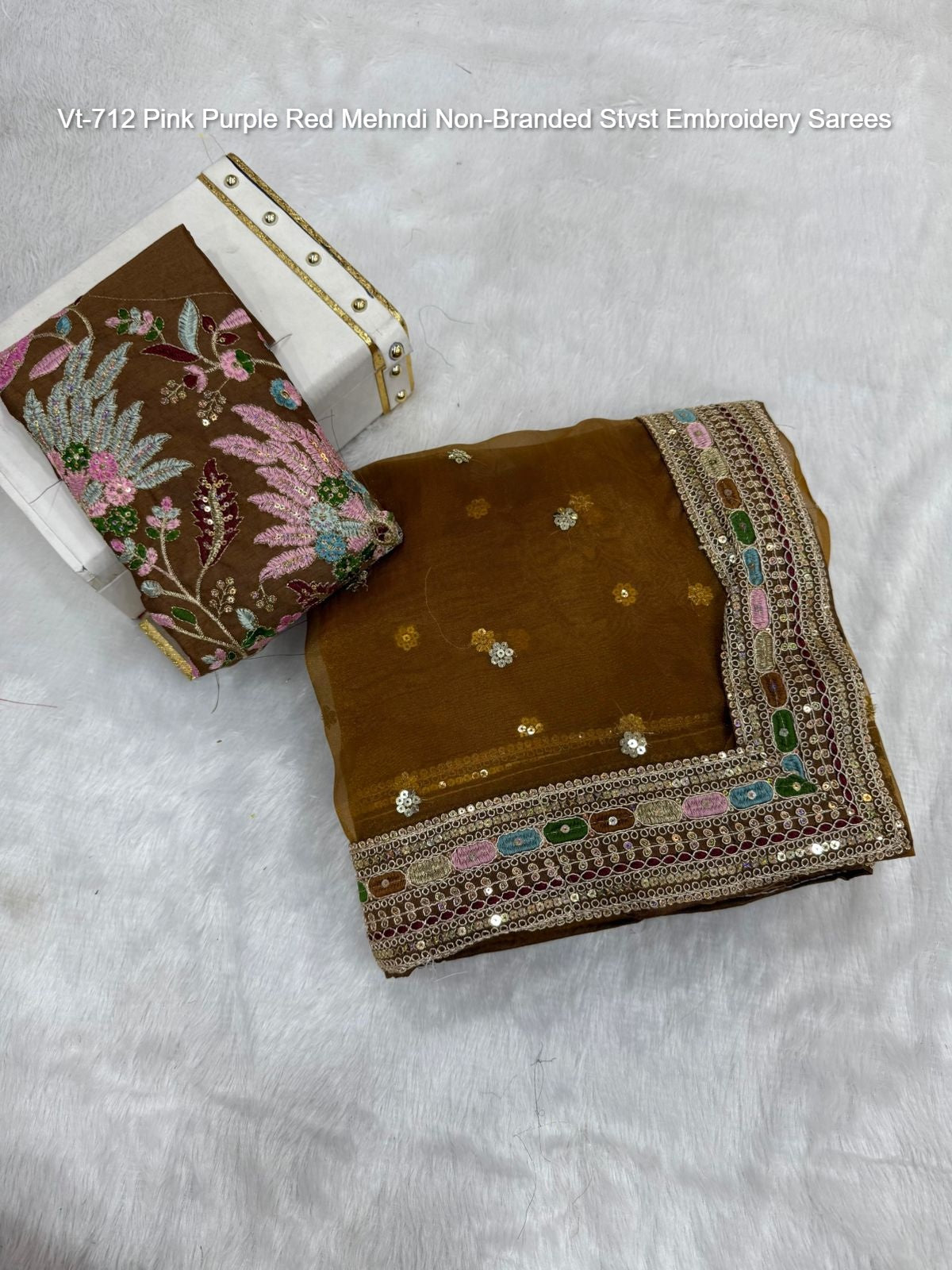 Vt-712 Pink Purple Red Mehndi Non-Branded Stvst Embroidery Sarees