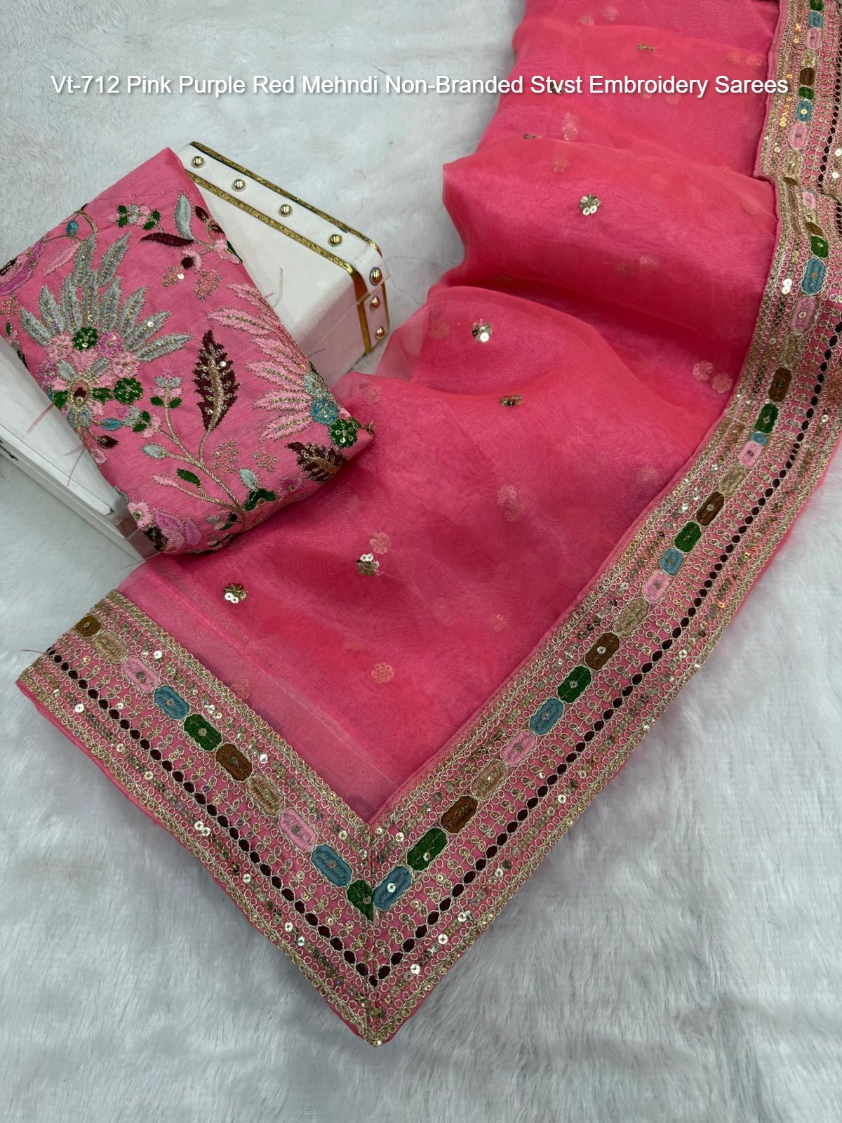 Vt-712 Pink Purple Red Mehndi Non-Branded Stvst Embroidery Sarees