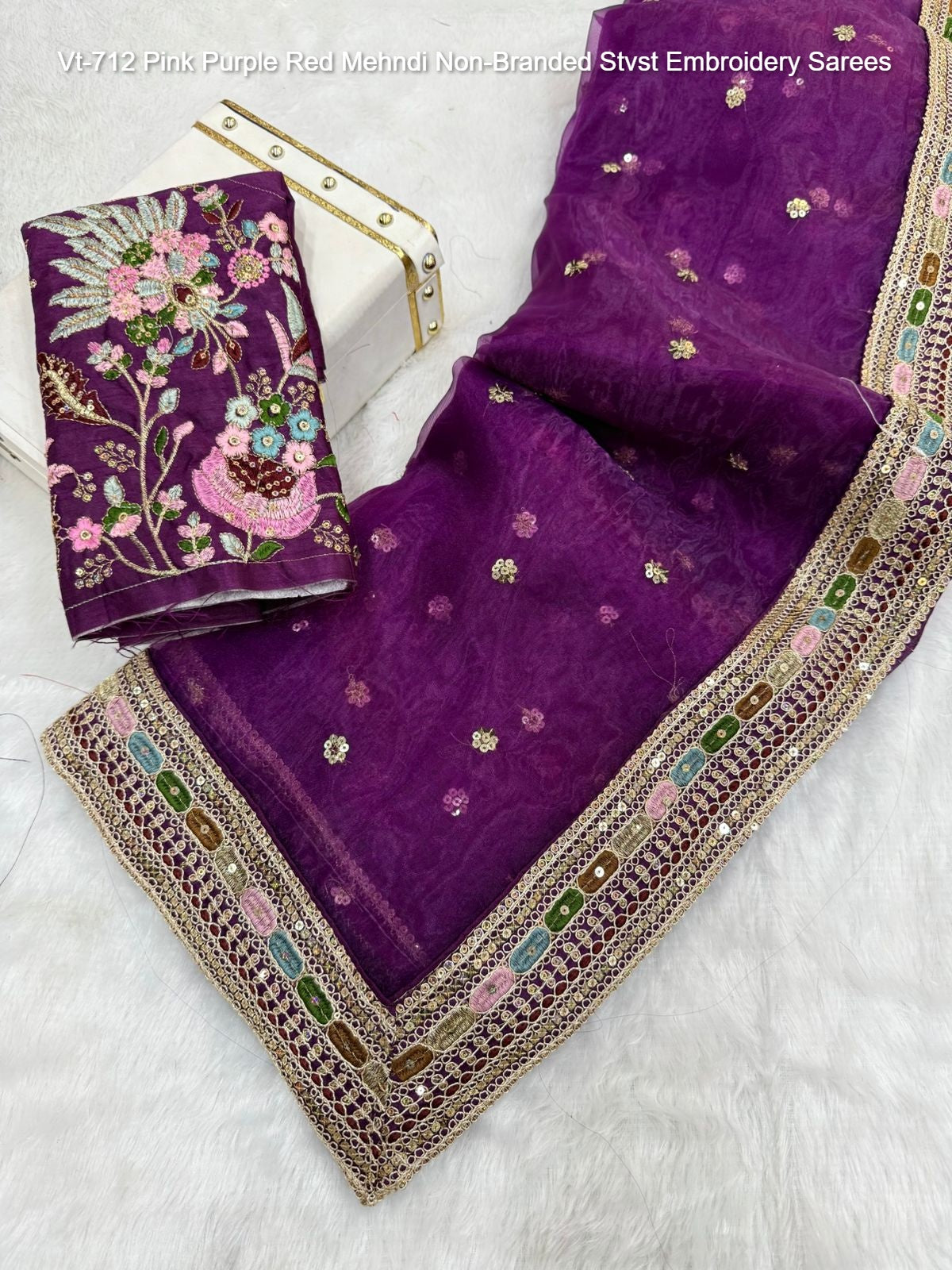 Vt-712 Pink Purple Red Mehndi Non-Branded Stvst Embroidery Sarees