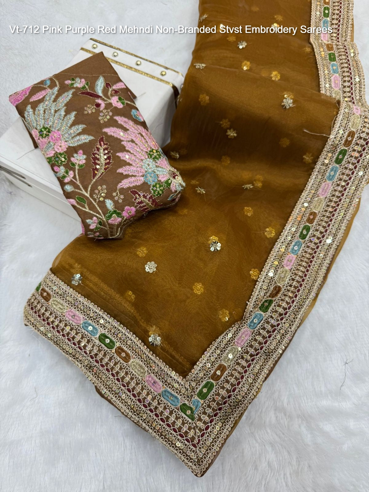Vt-712 Pink Purple Red Mehndi Non-Branded Stvst Embroidery Sarees