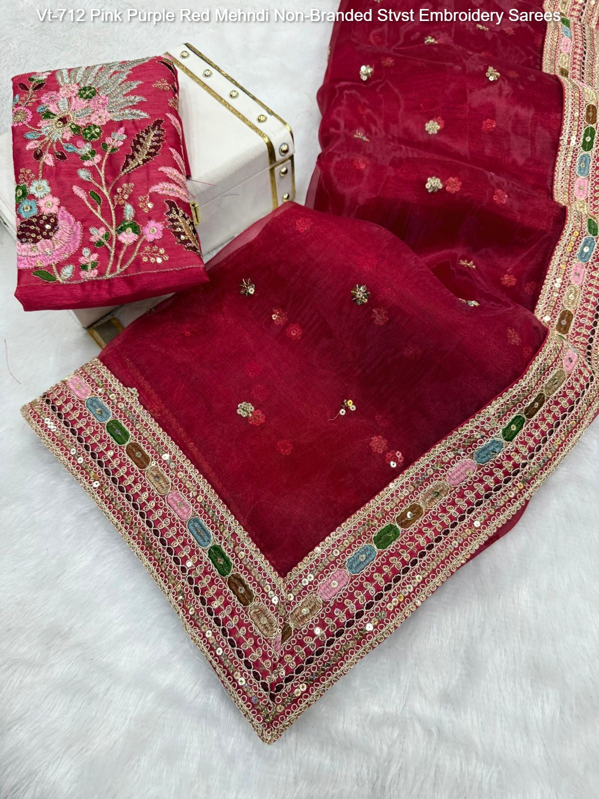 Vt-712 Pink Purple Red Mehndi Non-Branded Stvst Embroidery Sarees