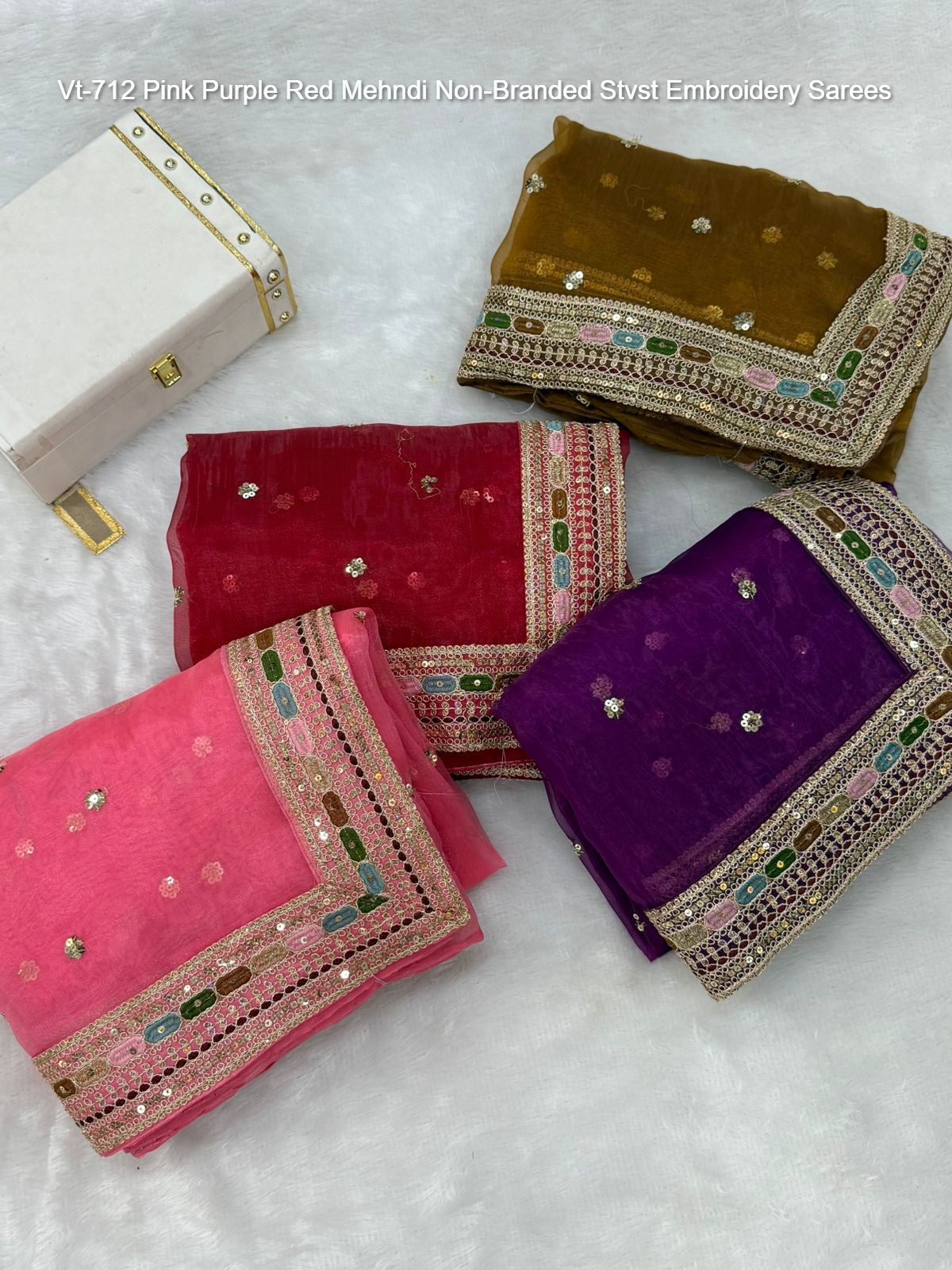 Vt-712 Pink Purple Red Mehndi Non-Branded Stvst Embroidery Sarees