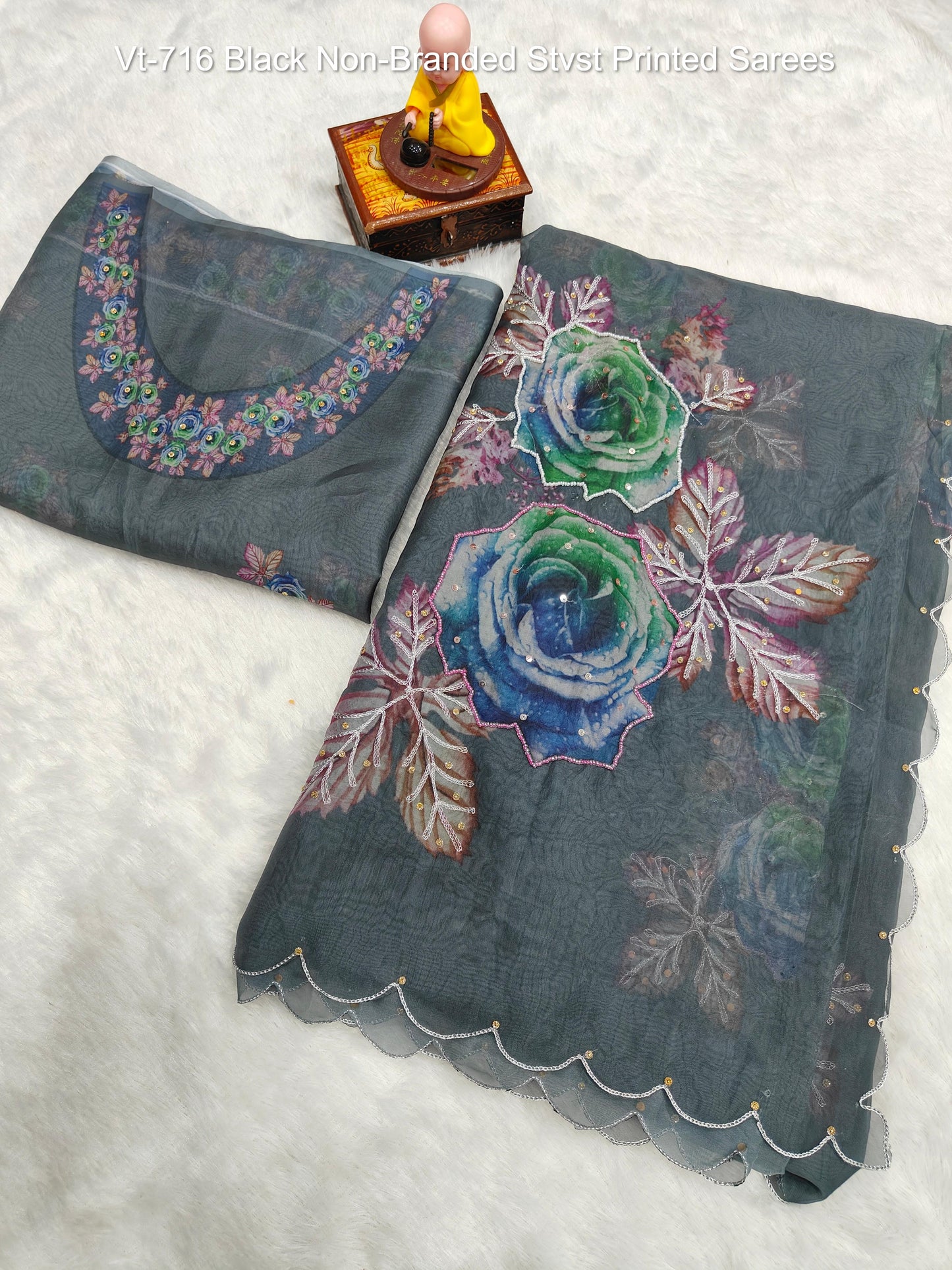 Vt-716 Black Non-Branded Stvst Printed Sarees