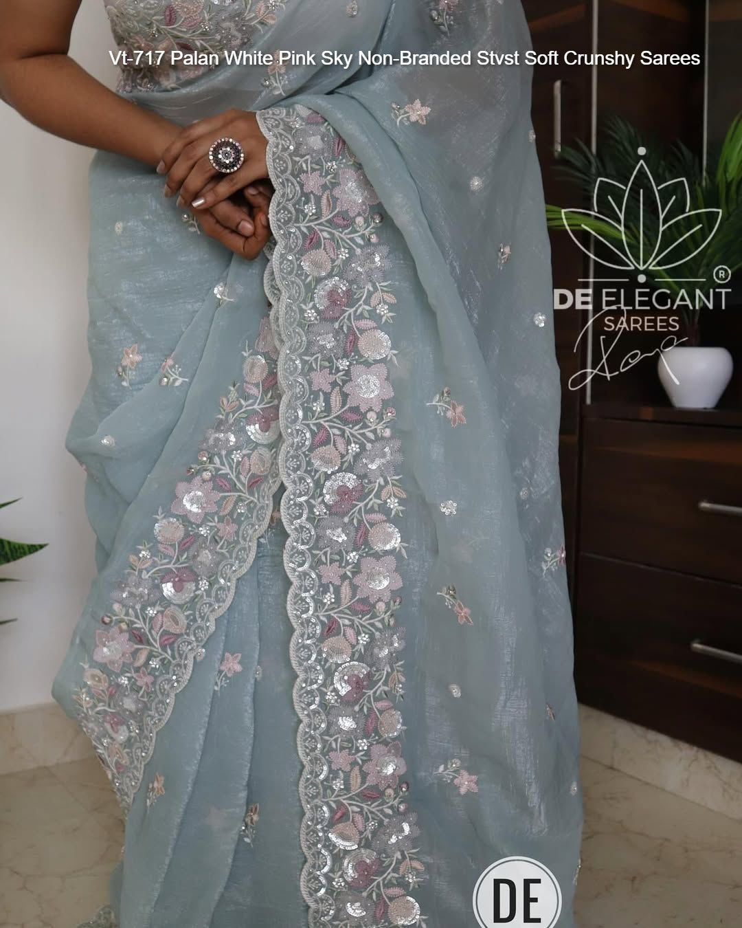 Vt-717 Palan White Pink Sky Non-Branded Stvst Soft Crunshy Sarees