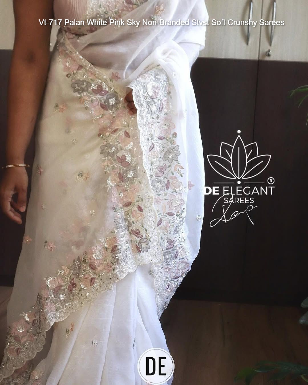 Vt-717 Palan White Pink Sky Non-Branded Stvst Soft Crunshy Sarees
