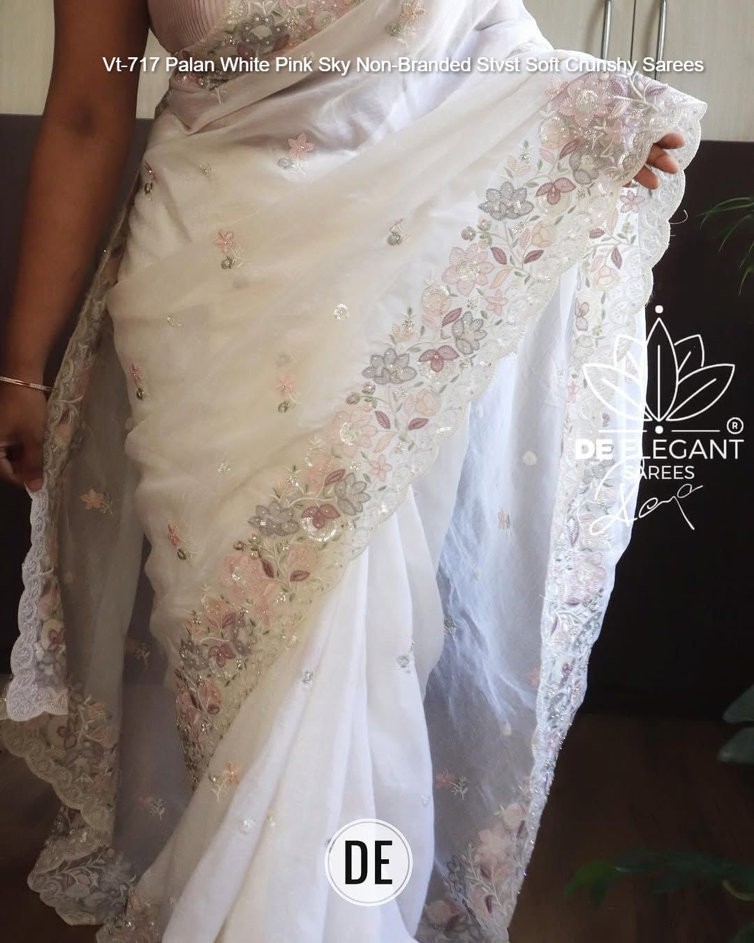 Vt-717 Palan White Pink Sky Non-Branded Stvst Soft Crunshy Sarees