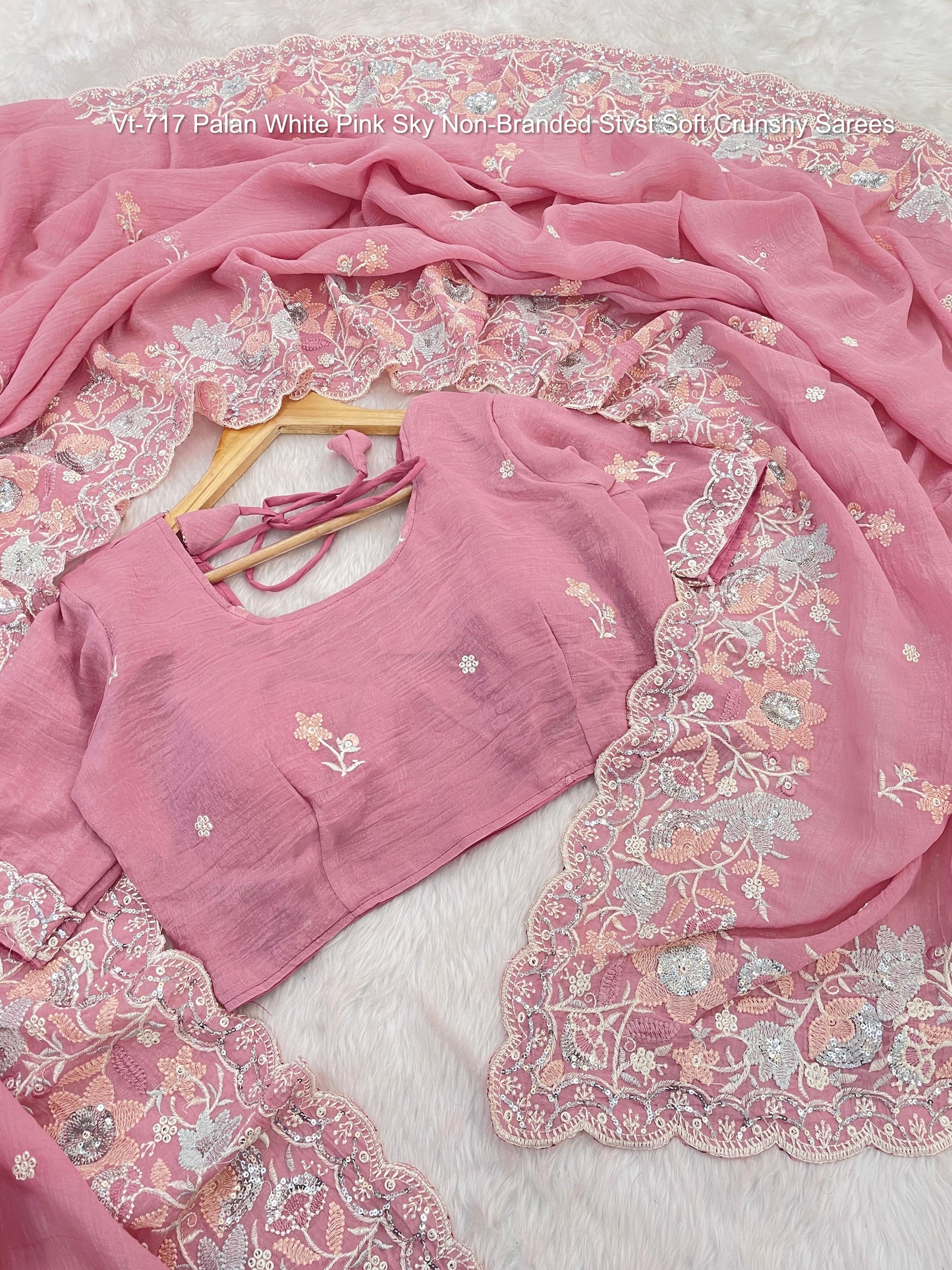 Vt-717 Palan White Pink Sky Non-Branded Stvst Soft Crunshy Sarees