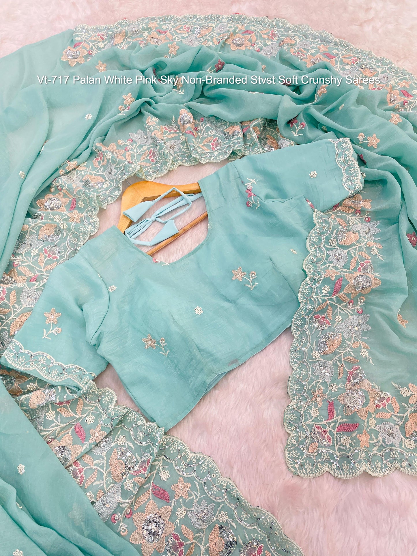 Vt-717 Palan White Pink Sky Non-Branded Stvst Soft Crunshy Sarees