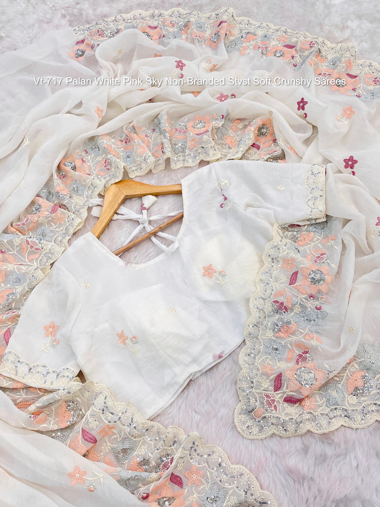 Vt-717 Palan White Pink Sky Non-Branded Stvst Soft Crunshy Sarees