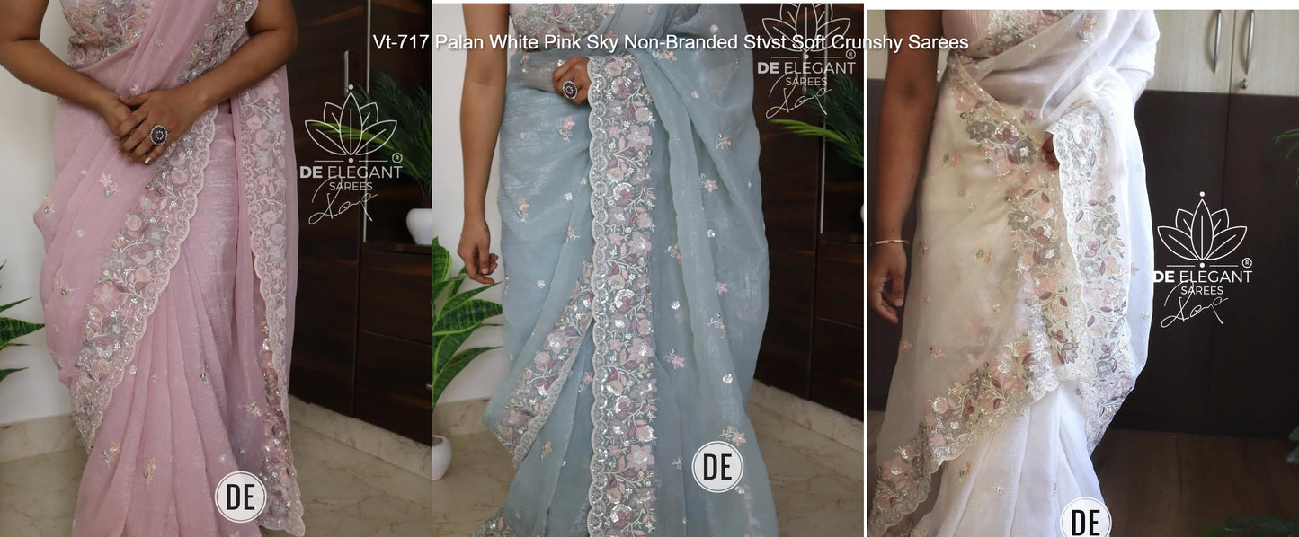 Vt-717 Palan White Pink Sky Non-Branded Stvst Soft Crunshy Sarees