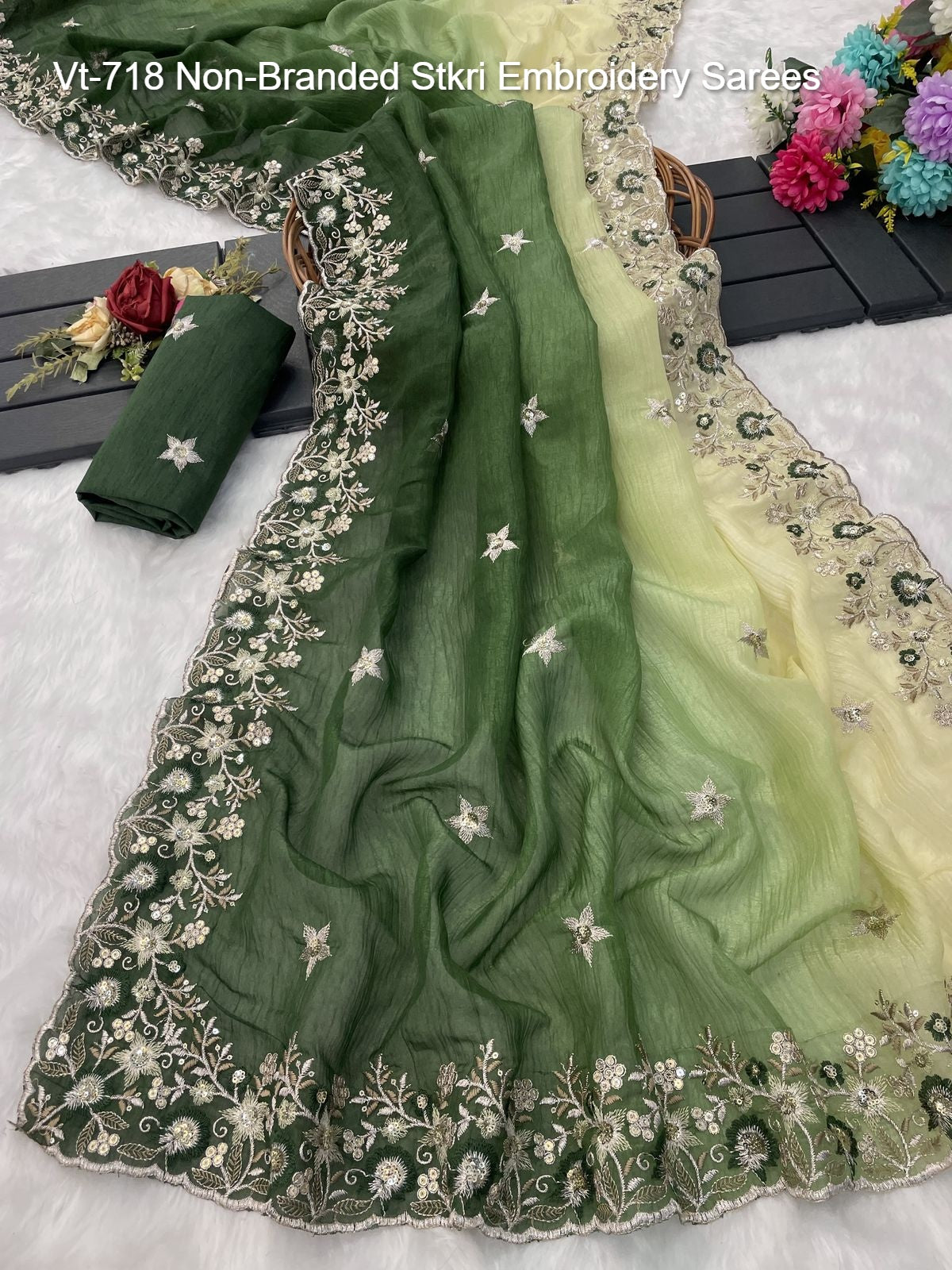 Vt-718 Non-Branded Stkri Embroidery Sarees