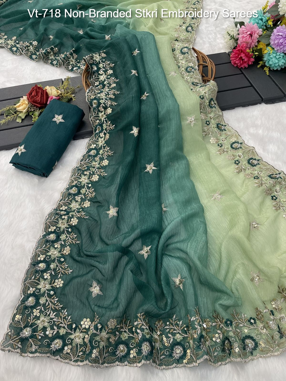 Vt-718 Non-Branded Stkri Embroidery Sarees