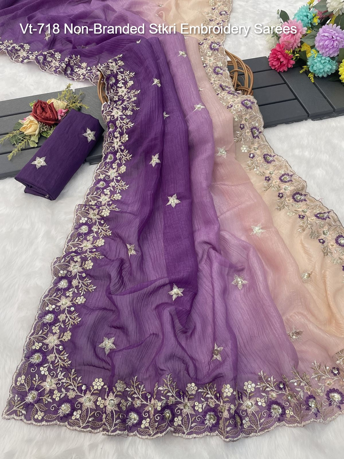 Vt-718 Non-Branded Stkri Embroidery Sarees