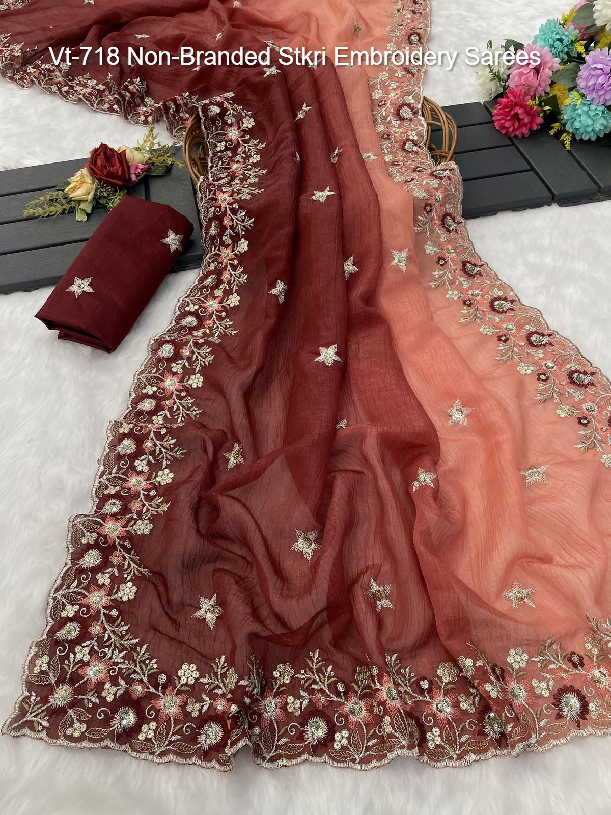 Vt-718 Non-Branded Stkri Embroidery Sarees