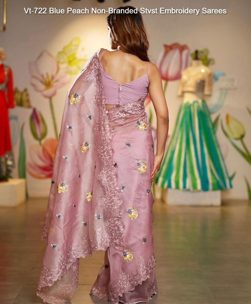 Vt-722 Blue Peach Non-Branded Stvst Embroidery Sarees