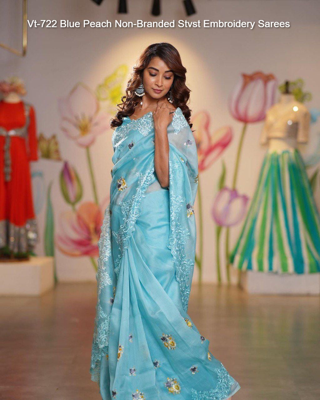 Vt-722 Blue Peach Non-Branded Stvst Embroidery Sarees