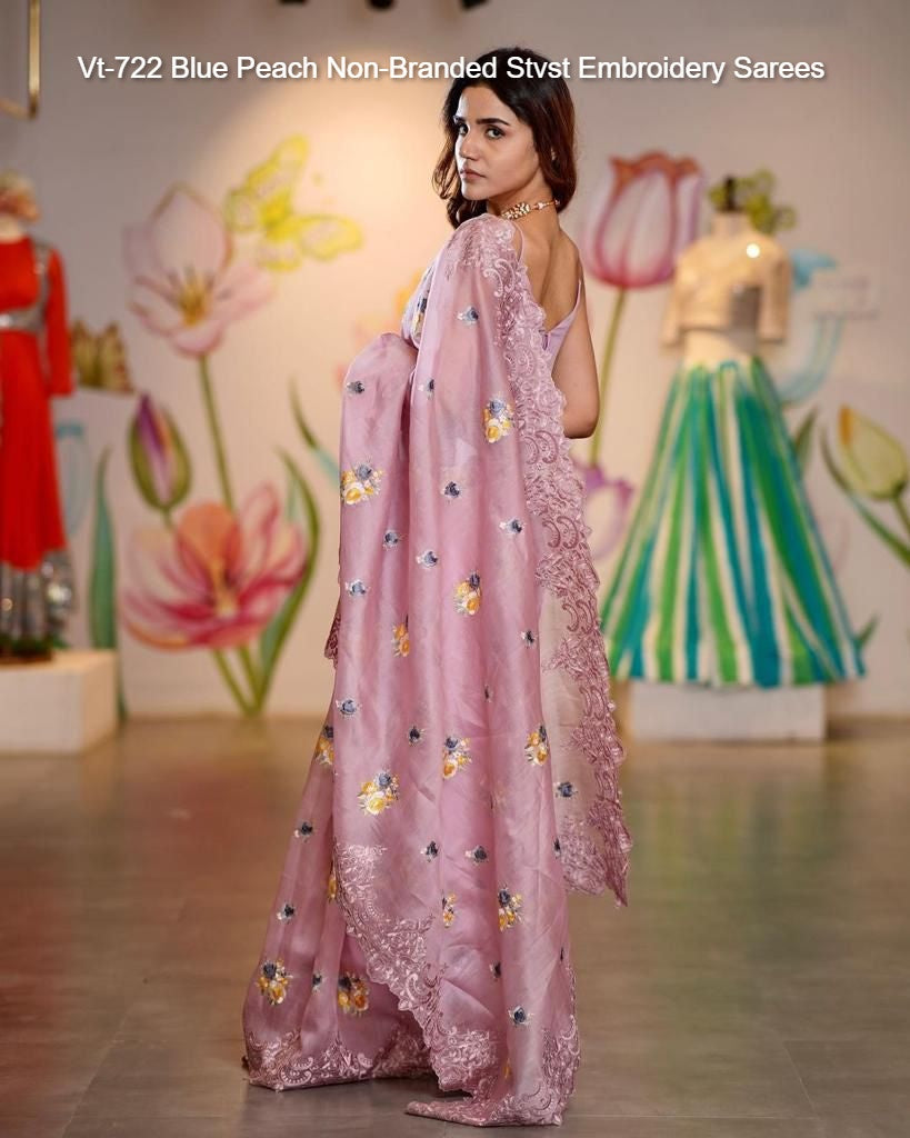 Vt-722 Blue Peach Non-Branded Stvst Embroidery Sarees
