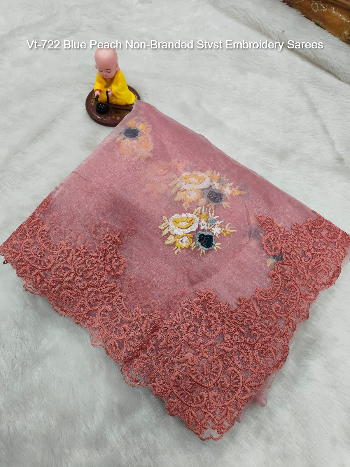 Vt-722 Blue Peach Non-Branded Stvst Embroidery Sarees