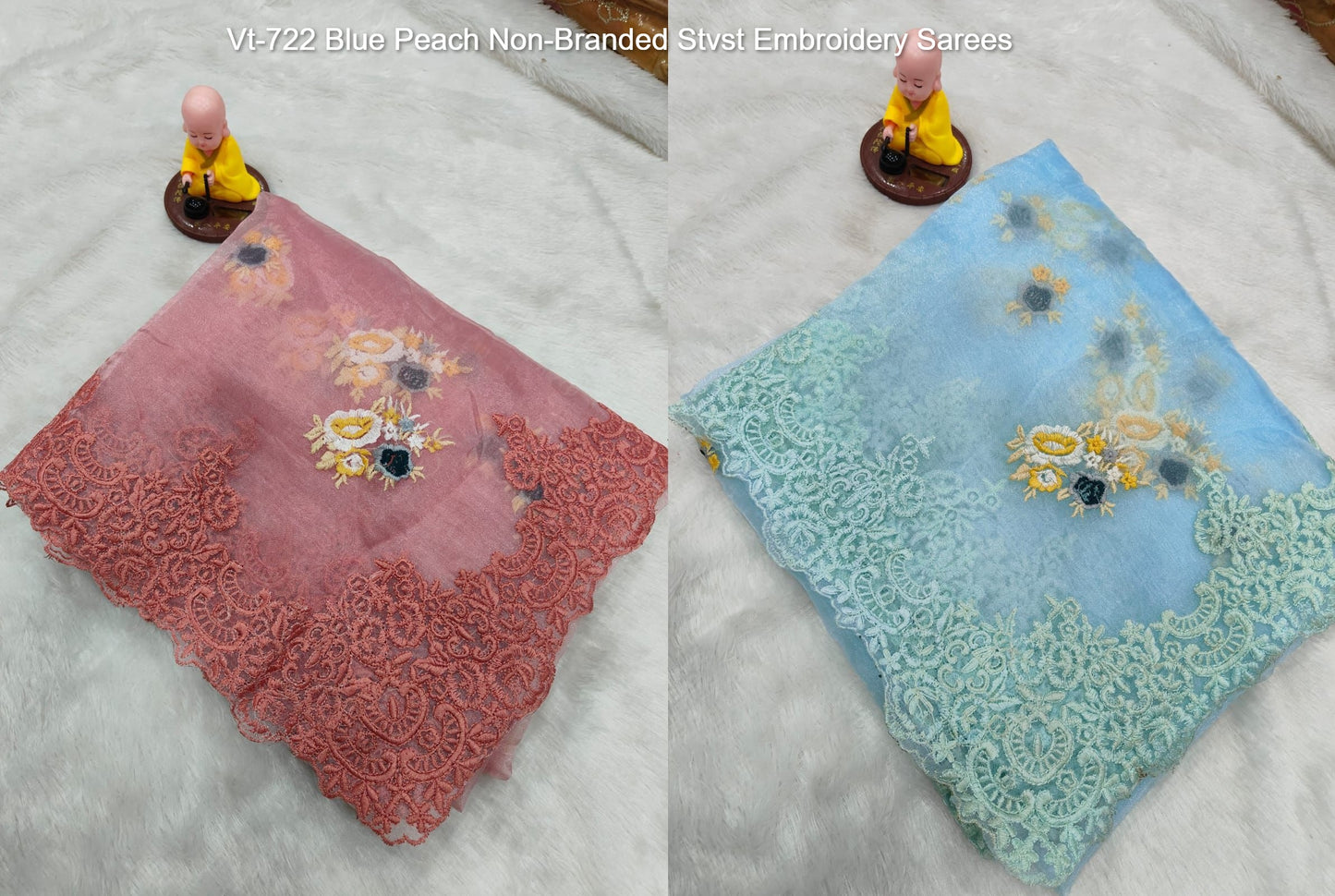 Vt-722 Blue Peach Non-Branded Stvst Embroidery Sarees