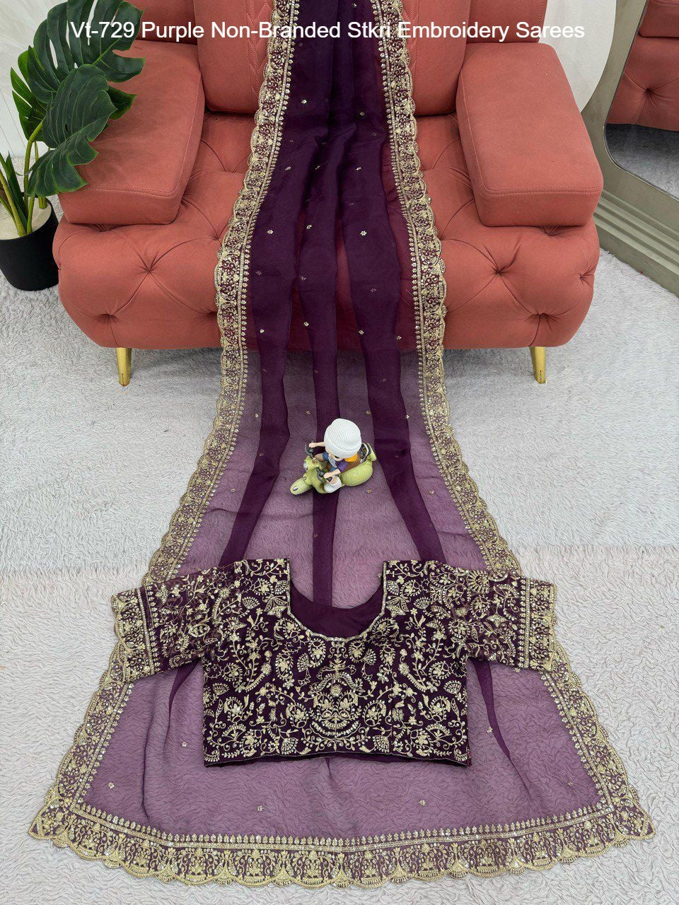 Vt-729 Purple Non-Branded Stkri Embroidery Sarees