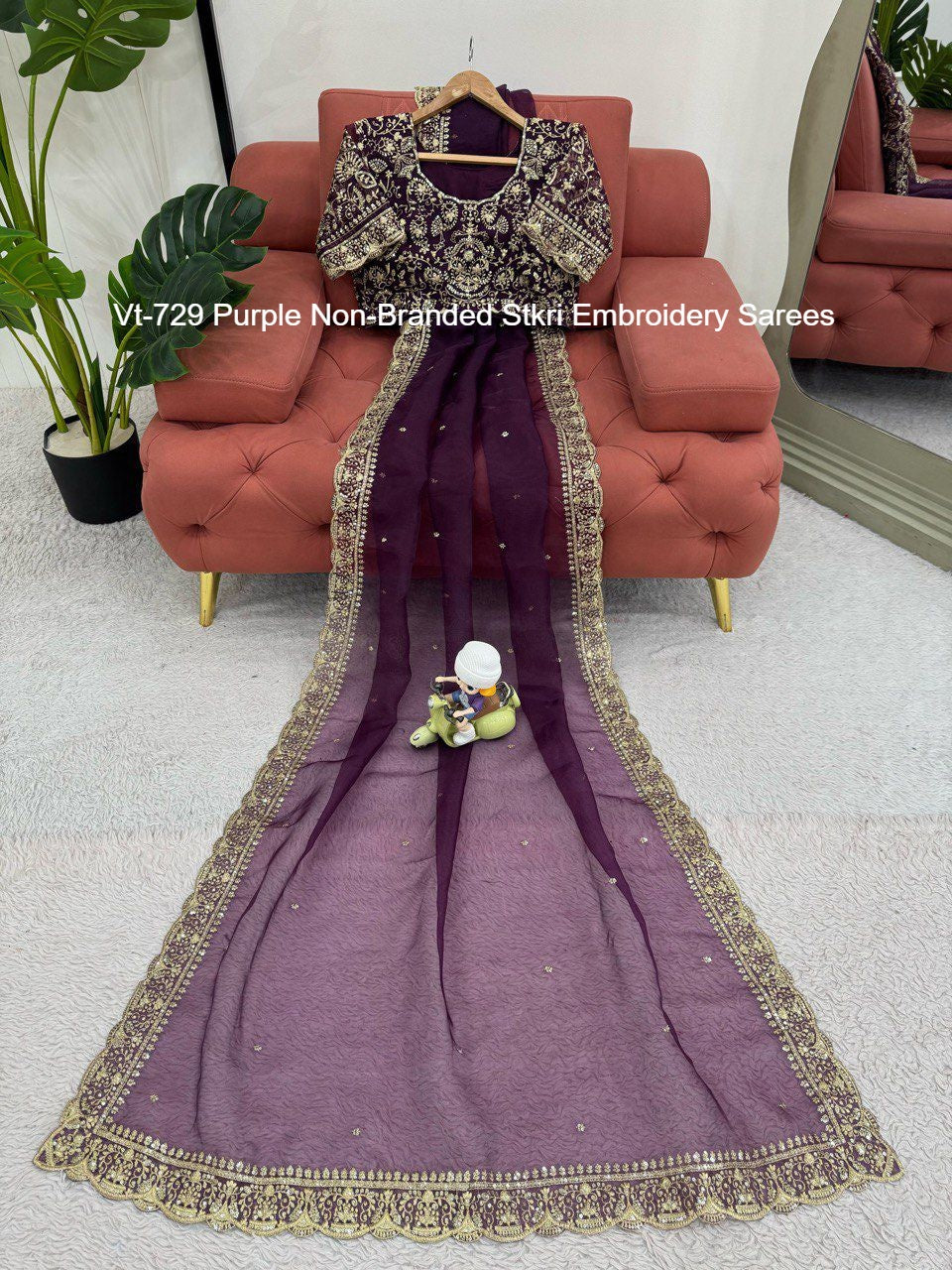 Vt-729 Purple Non-Branded Stkri Embroidery Sarees