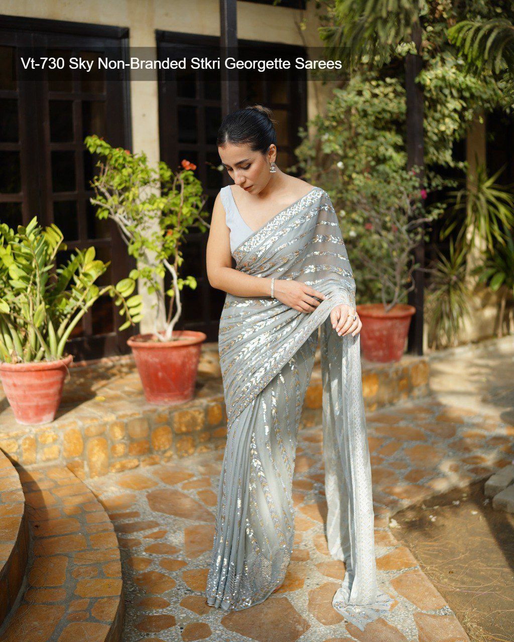 Vt-730 Sky Non-Branded Stkri Georgette Sarees