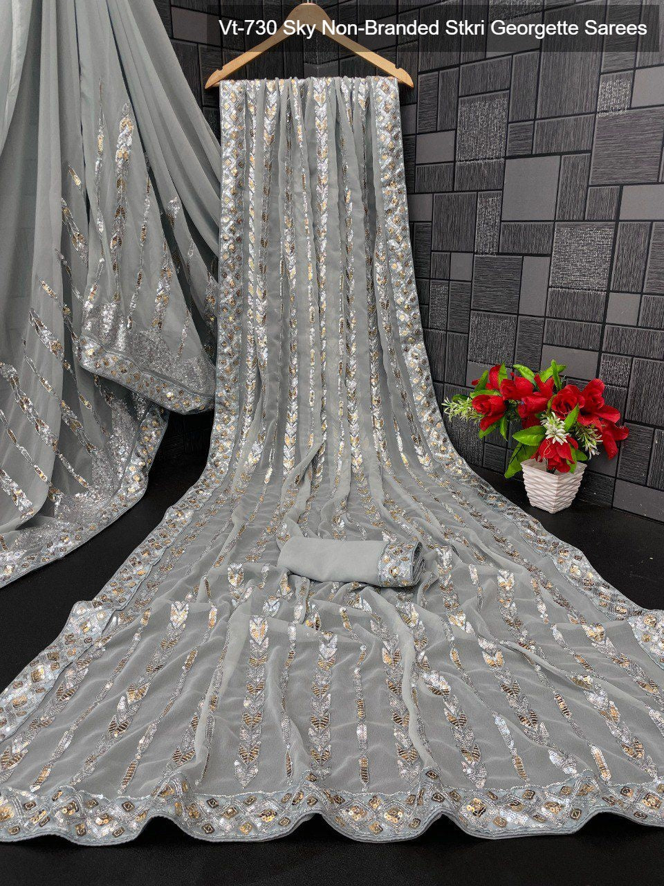 Vt-730 Sky Non-Branded Stkri Georgette Sarees