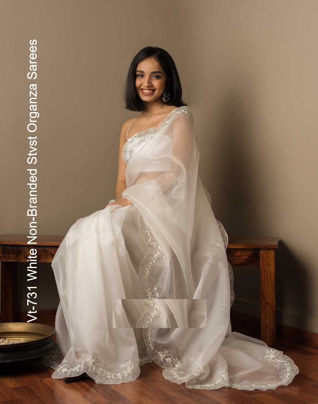 Vt-731 White Non-Branded Stvst Organza Sarees
