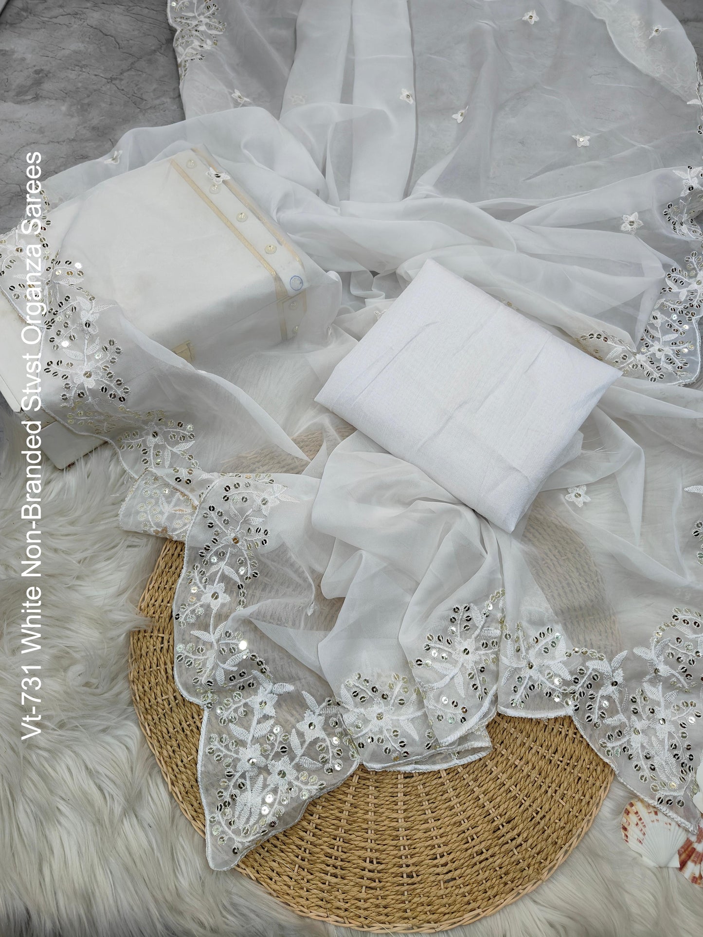 Vt-731 White Non-Branded Stvst Organza Sarees