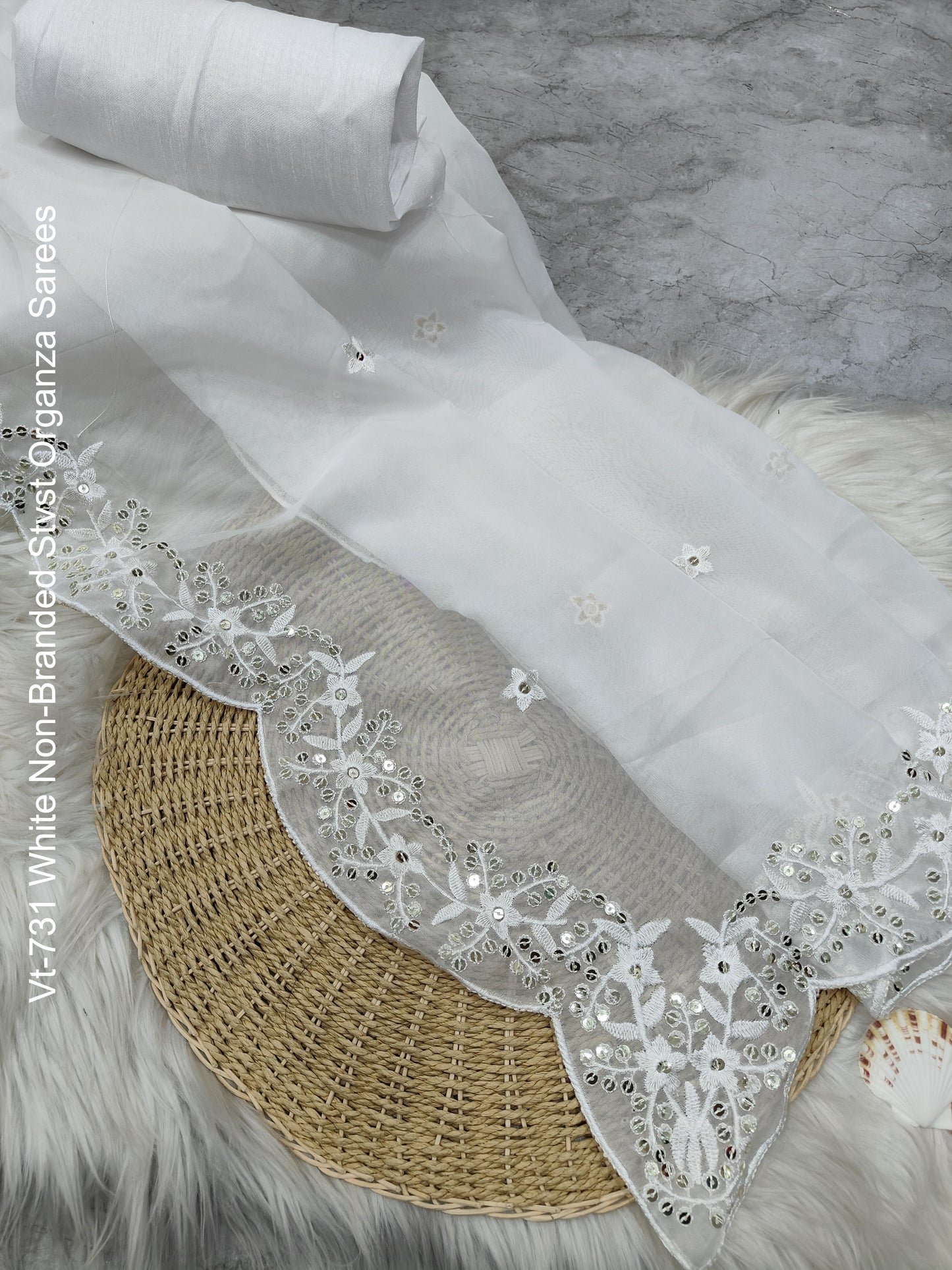 Vt-731 White Non-Branded Stvst Organza Sarees