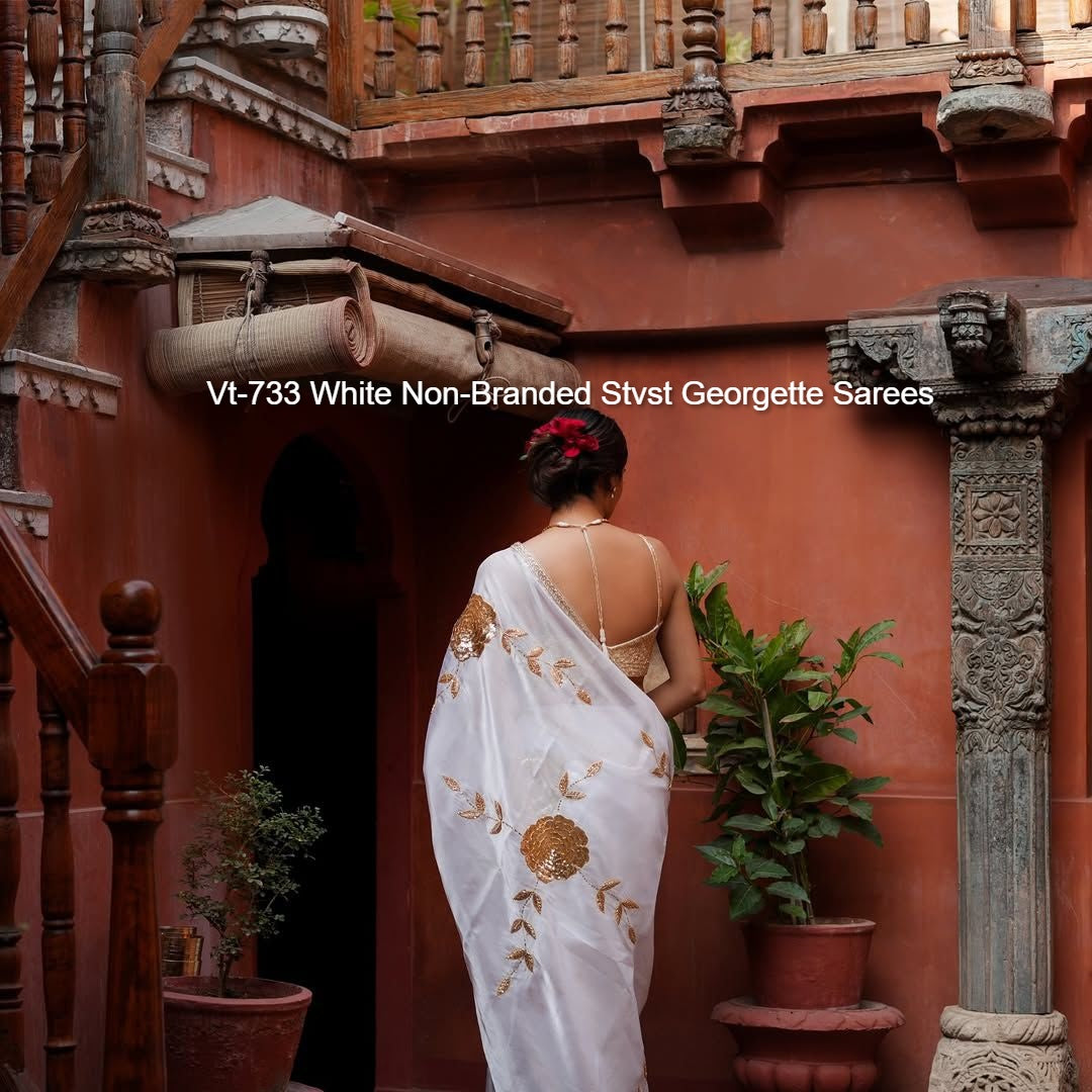 Vt-733 White Non-Branded Stvst Georgette Sarees