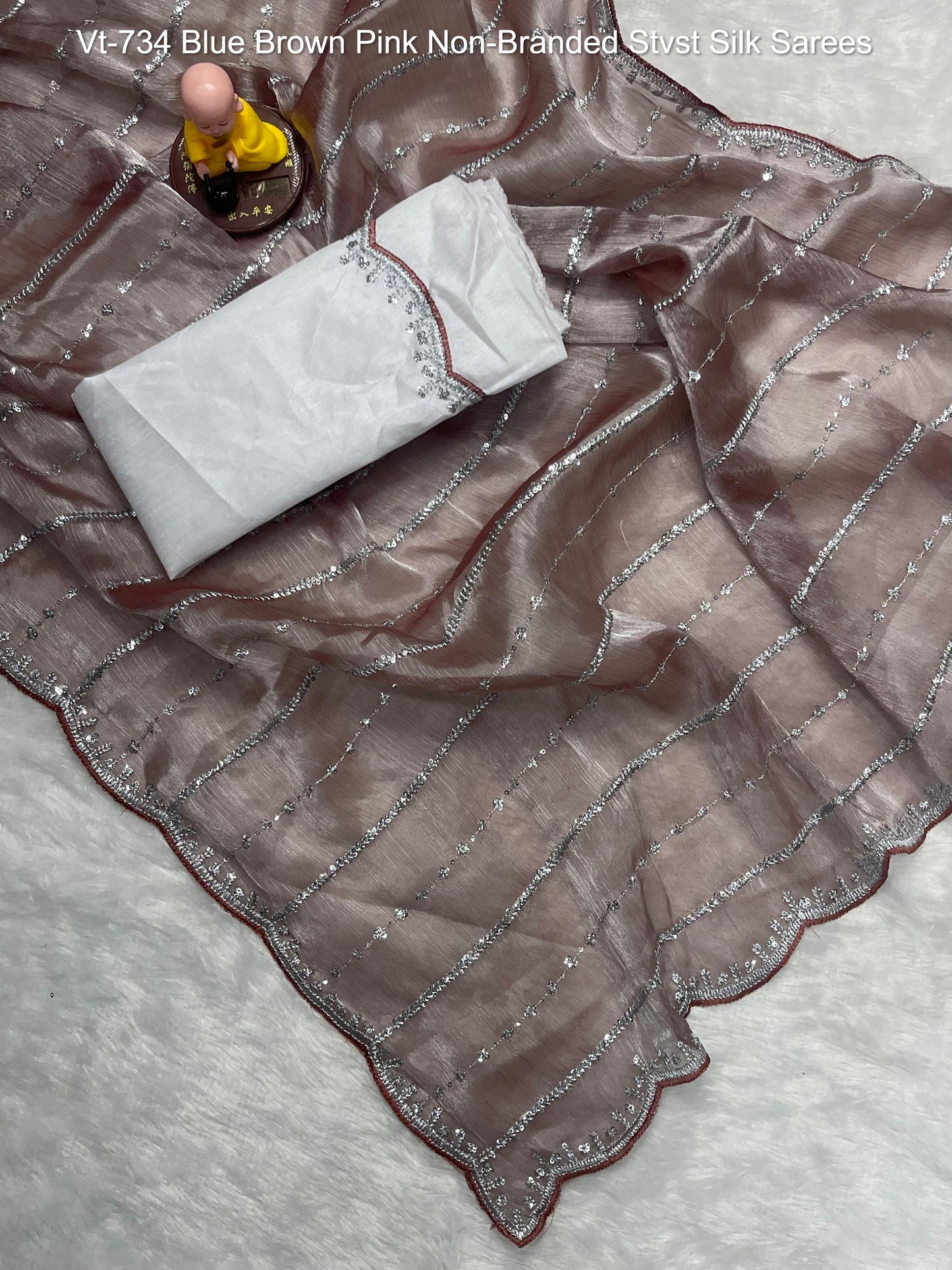 Vt-734 Blue Brown Pink Non-Branded Stvst Silk Sarees