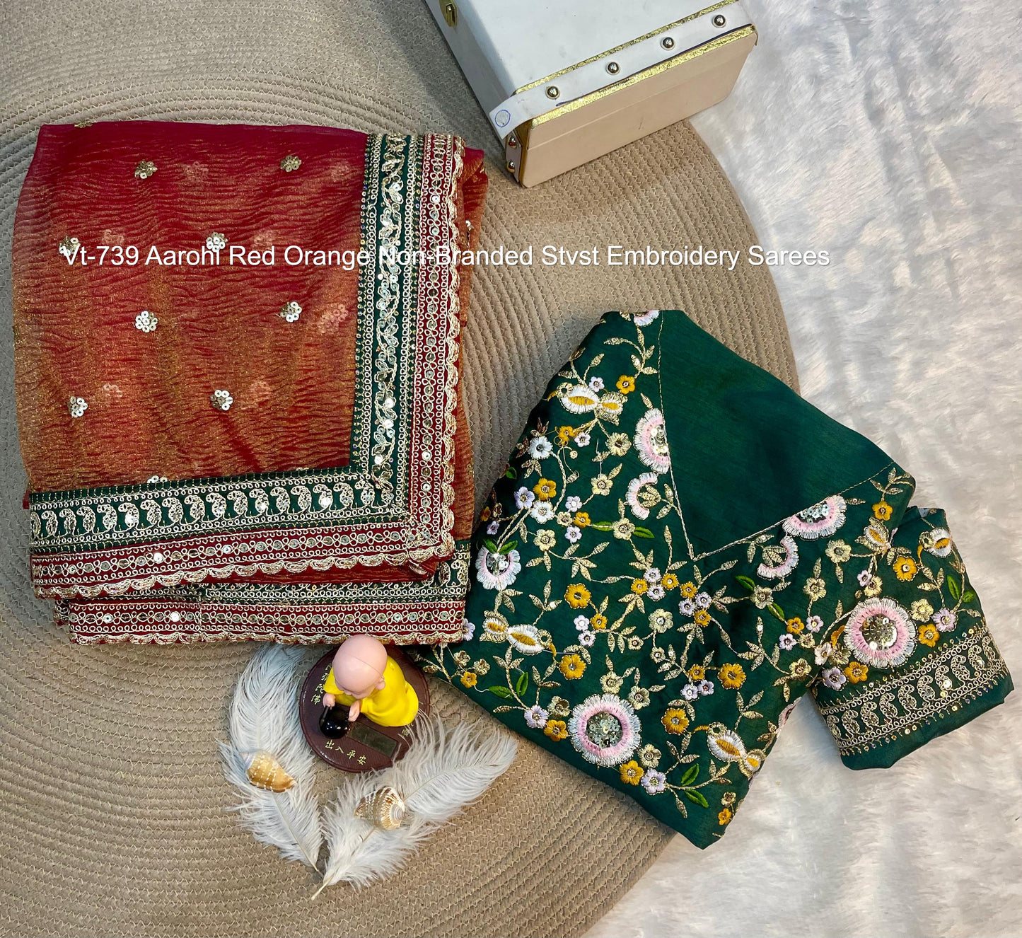 Vt-739 Aarohi Red Orange Non-Branded Stvst Embroidery Sarees