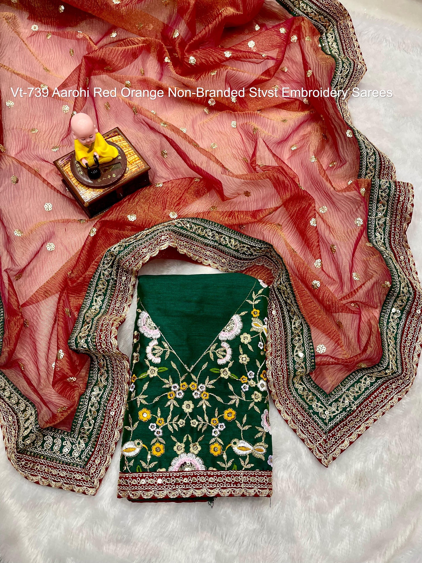 Vt-739 Aarohi Red Orange Non-Branded Stvst Embroidery Sarees