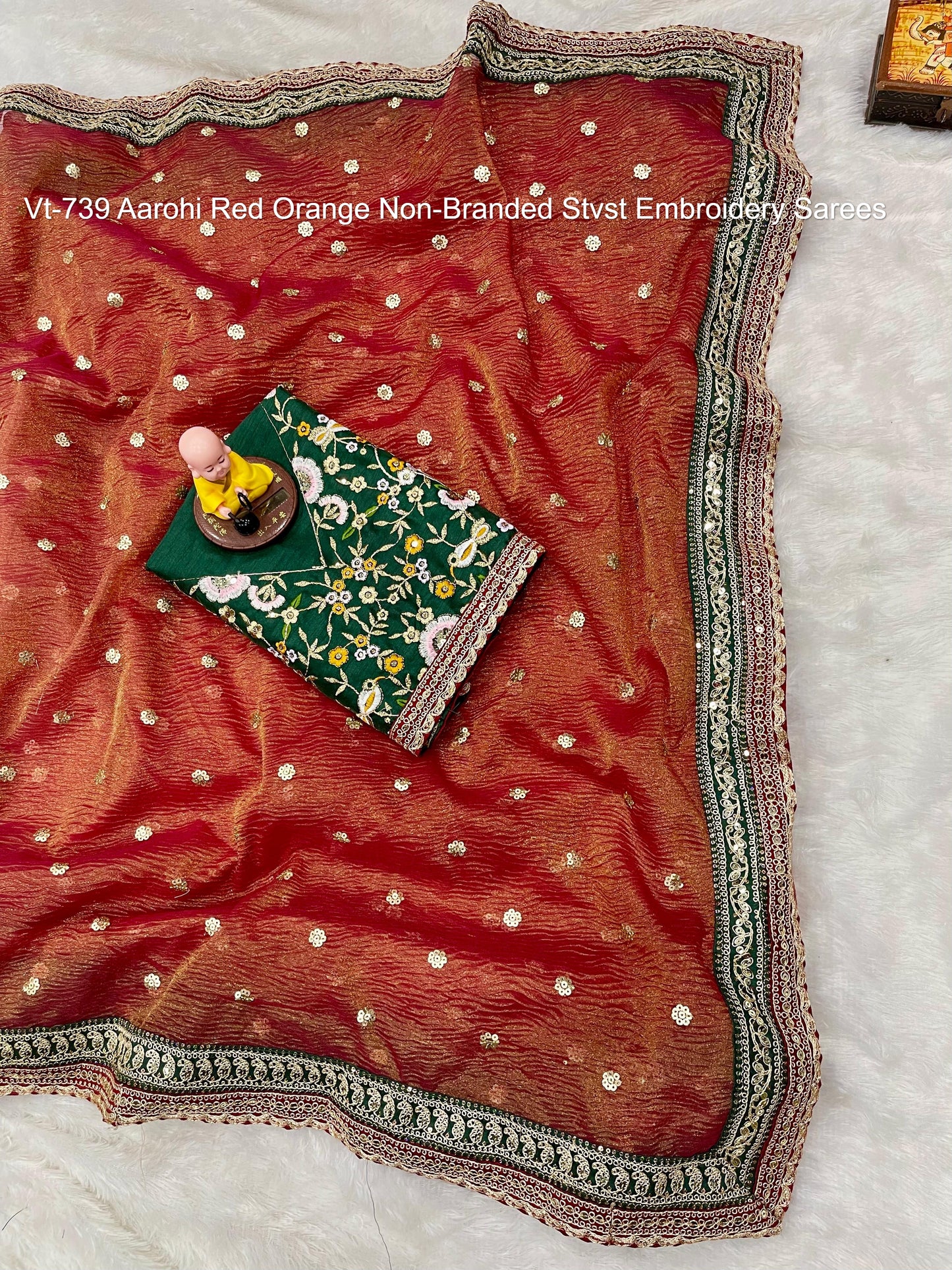 Vt-739 Aarohi Red Orange Non-Branded Stvst Embroidery Sarees