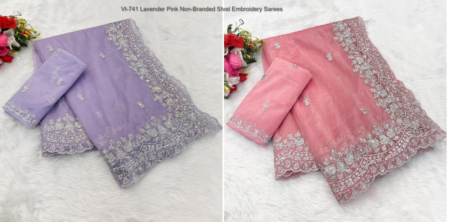 Vt-741 Lavender Pink Non-Branded Stvst Embroidery Sarees